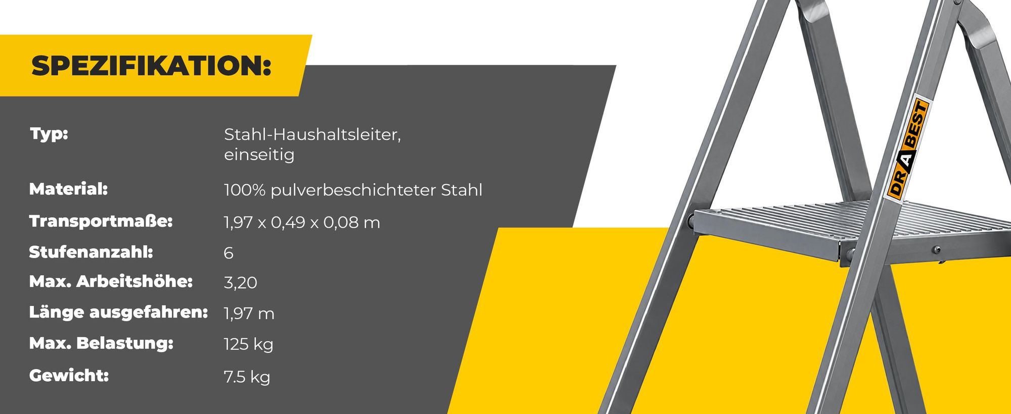DRABEST | Leiter - Stahlleiter - haushaltsleiter - leiter 6 stufen - Klapptritt - Stahl - Universal - bis 125 kg