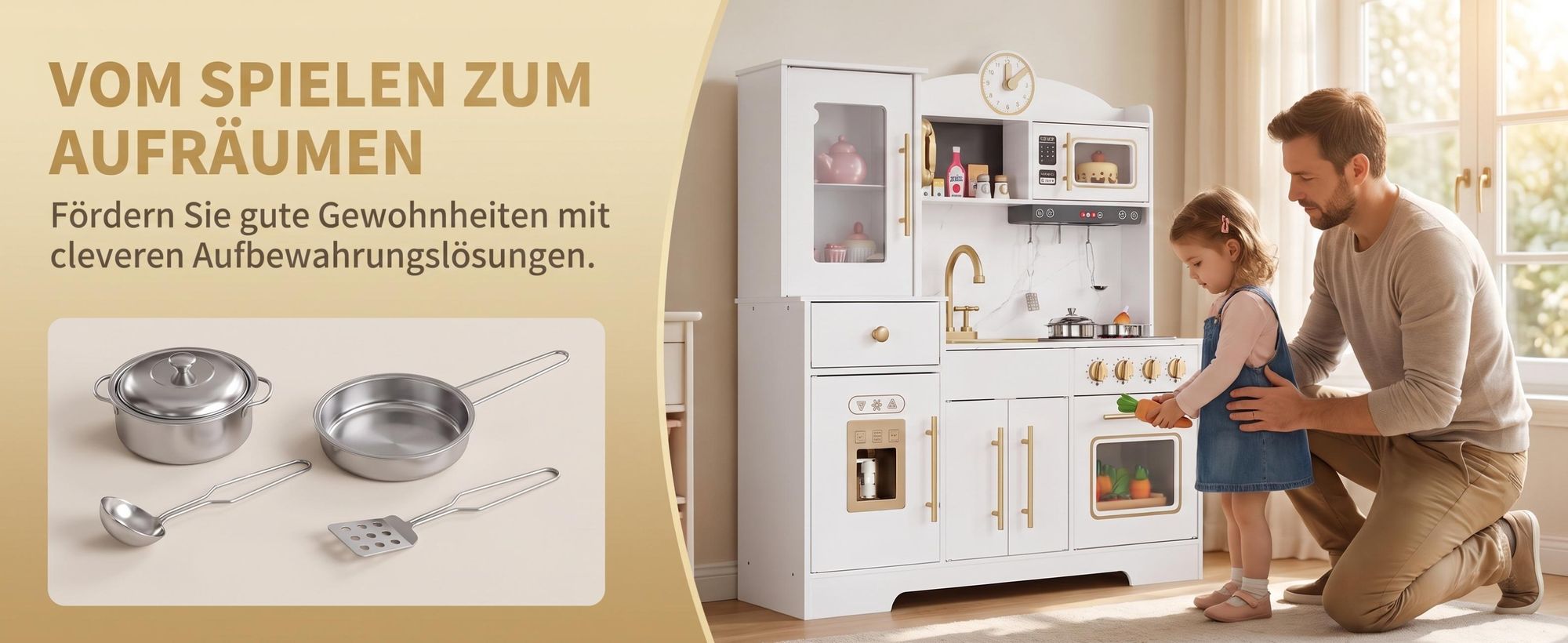 Große Holz Kinderküche Spielküche mit Licht & Sound, Spüle mit Wasserhahn, Backofen, Mikrowelle & Spieluhr, inkl. Zubehör, ab 3 Jahren