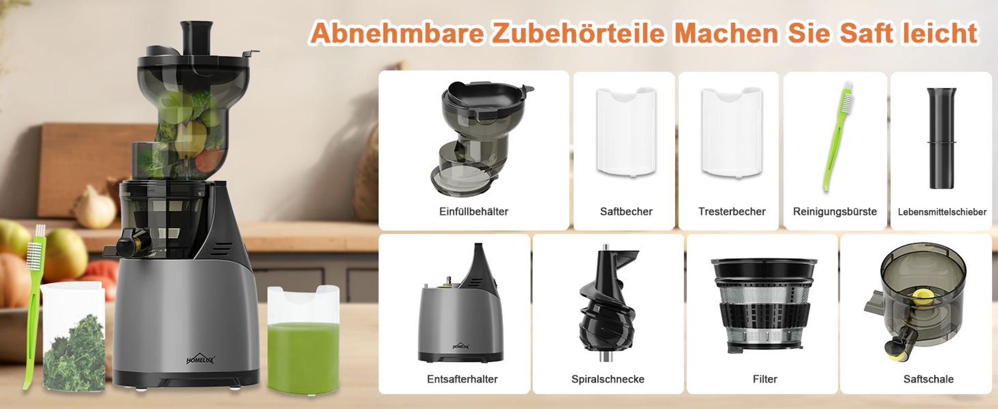 HOMELUX Entsafter 140 MM Slow Juicer 150W Einfüllschacht für Ganze Gemüse und Obst Kaltentsafter Elektrische mit 2 Tassen Reinigungsbürste, Silber