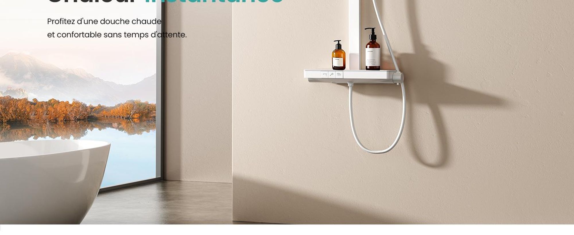 EMKE Système de douche avec thermostat, pommeau de douche à effet pluie 36x24cm, douche à effet pluie avec support en verre, douchette à main avec 4 jets, robinetterie de salle de bains & douche, blanc mat