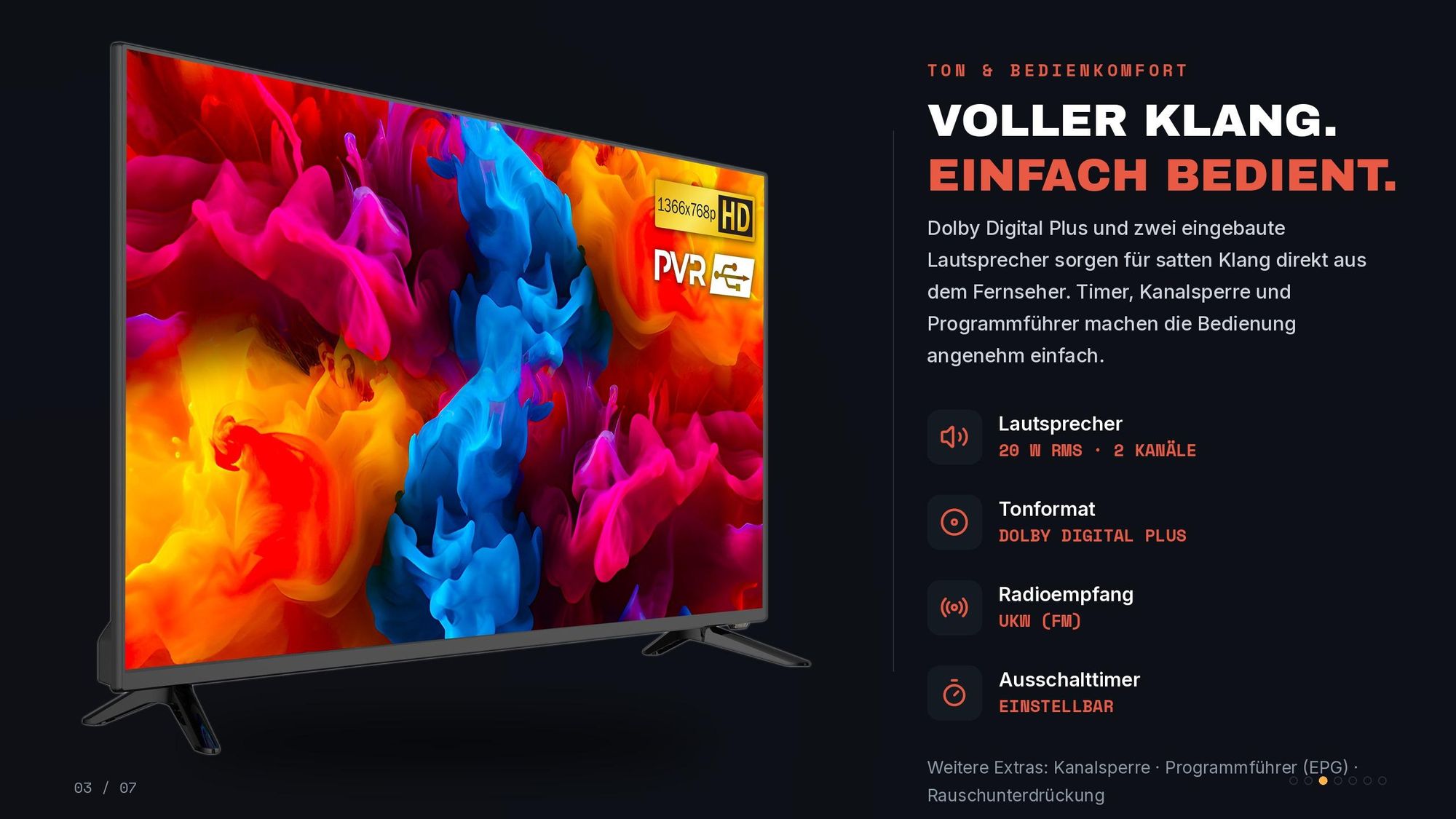 Kiano Fernseher 32 Zoll (81,3 cm) LED HD Ready - DVB-T2/S2 - PVR USB Aufnahme - Dolby Digital Plus - 3x HDMI - VESA 100x100 - ohne Smart TV