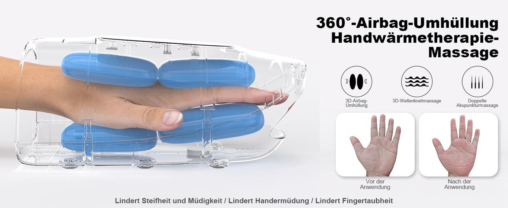 Intelligentes Handmassagegerät mit Wärme- und Kompressionsfunktion 3 Massageprogramme, 4 Temperatureinstellungen, 5 Kompressionsmuster Therapeutische