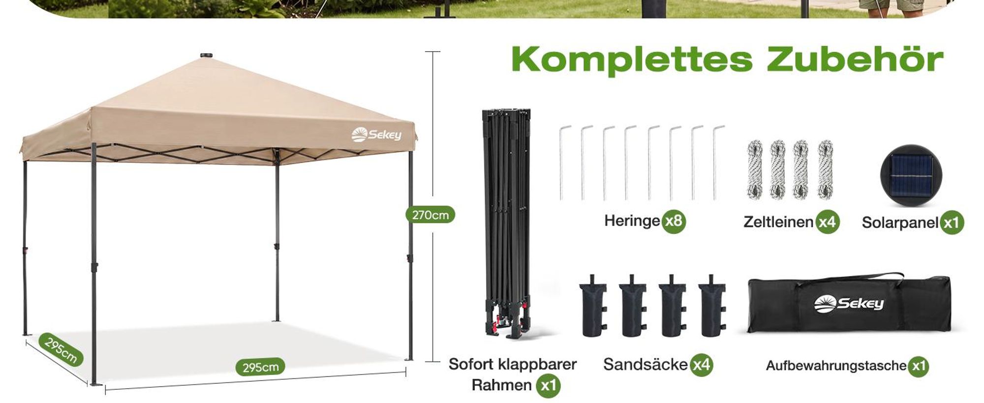 Sekey Faltpavillon 3x3 m mit Solar-LED, UPF 50+, wasserdicht und winterfest Gartenpavillon
