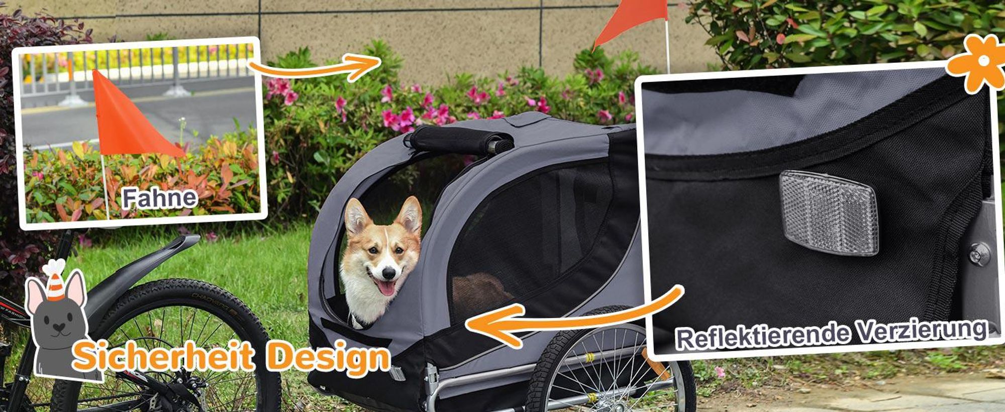 PawHut Fahrradanhänger Hundeanhänger Hunde Fahrrad Tier Anhänger Grau+Schwarz