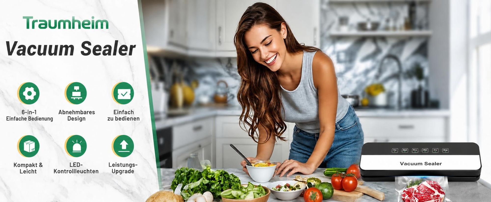 Vakuumiergerät, Professioneller 6-in-1 Vakuumierer für Lebensmittel, Trocken-/Nassmodus, automatische Versiegelung für Fleisch, Obst, Gemüse