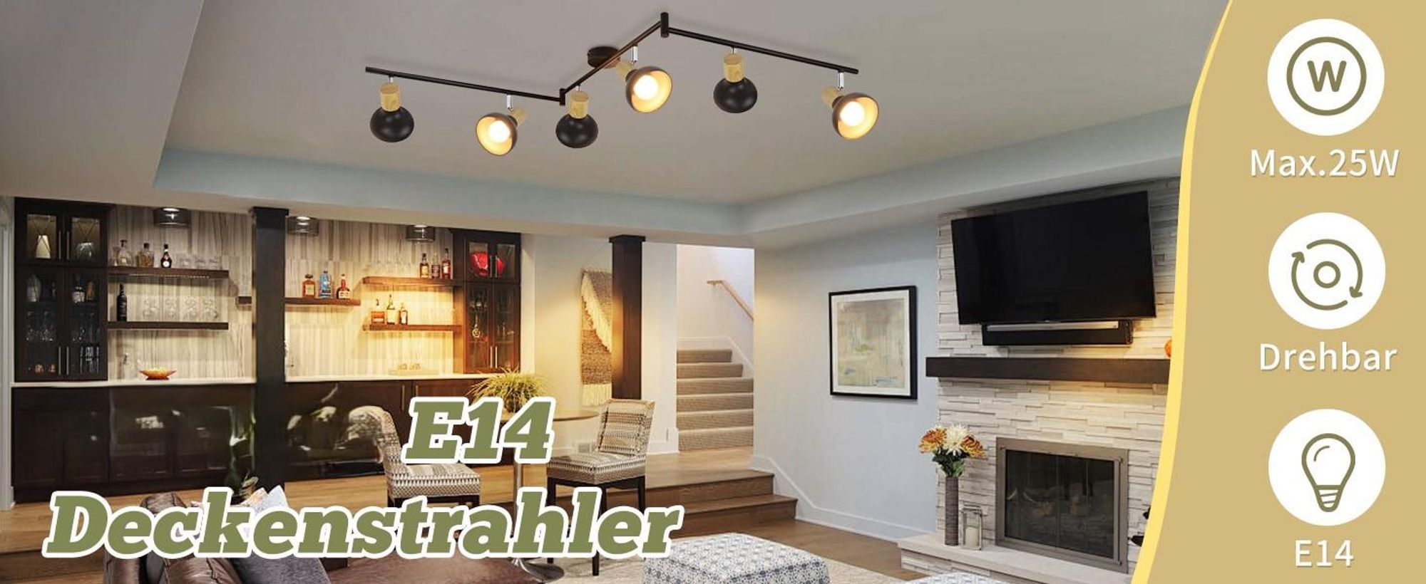 ZMH Faretto da soffitto Corridoio Vintage Plafoniera 6 Spot da soffitto industriali a fiamma con ferro girevole Faretto nero E14 Lampada da corridoio senza lampadina