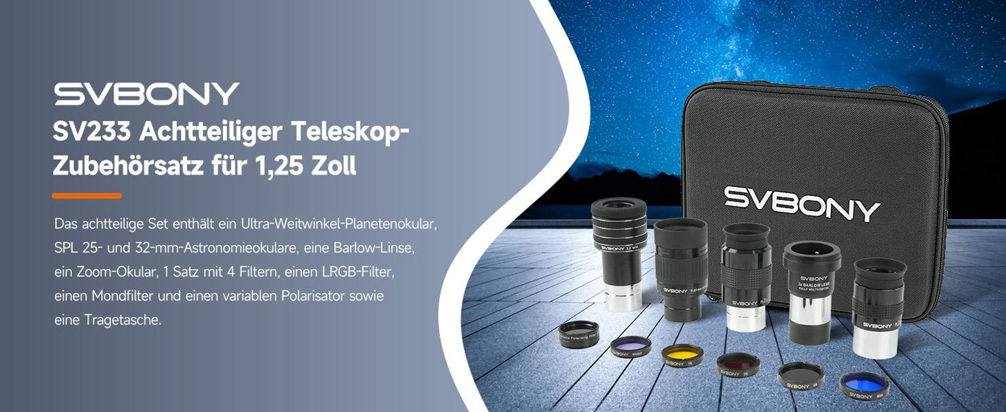 Svbony SV233 Teleskop Zubehör Kit für 7-21mm Zoom Okular 3,2mm 58°25mm 32mm SPL Okular 2x Barlow Objektiv LRGB Mond Variabler Polarisationsfilter