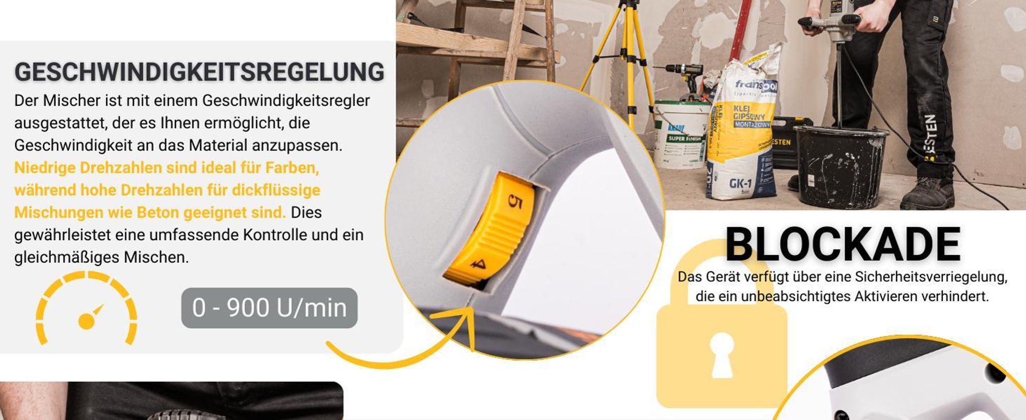 Mischer für Kleber Beton Mörtel Gips elektrisch Betonmischer 1400W +2 Rührwerke