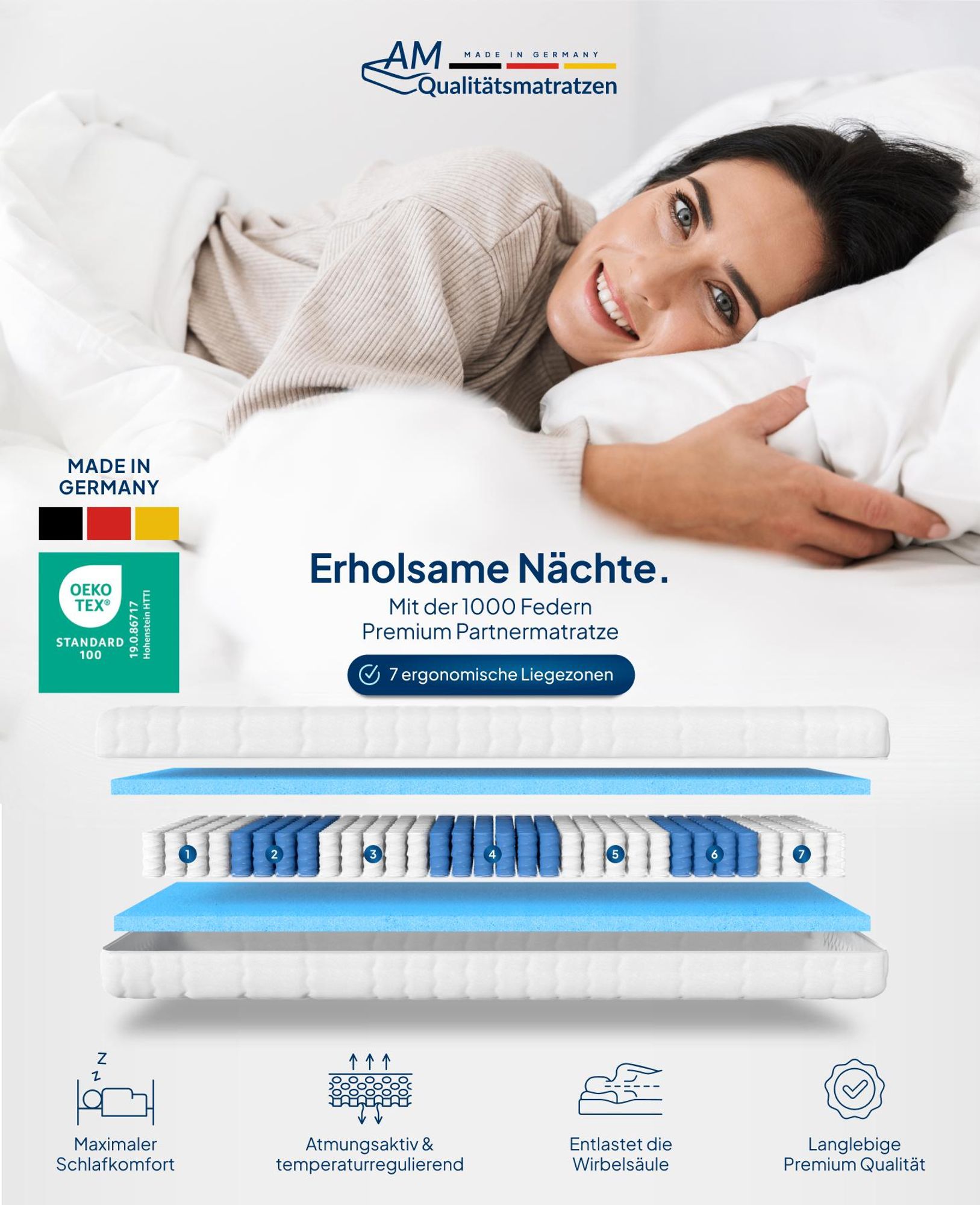 AM Qualitätsmatratzen | Premium 7-Zonen Partnermatratze 180x200 cm - H2 & H3 - Taschenfederkernmatratze (1000 Federn/2m²)