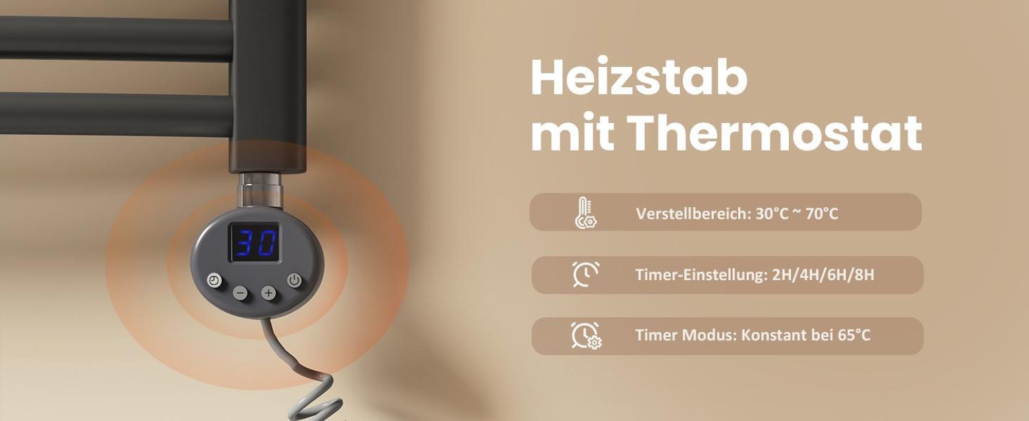 EMKE Elektrisch Handtuchwärmer 75X50cm 300W Anthrazit gebogen Badheizkörper klassisch elektrisch Heizstab Thermostat Handtuchheizkörper