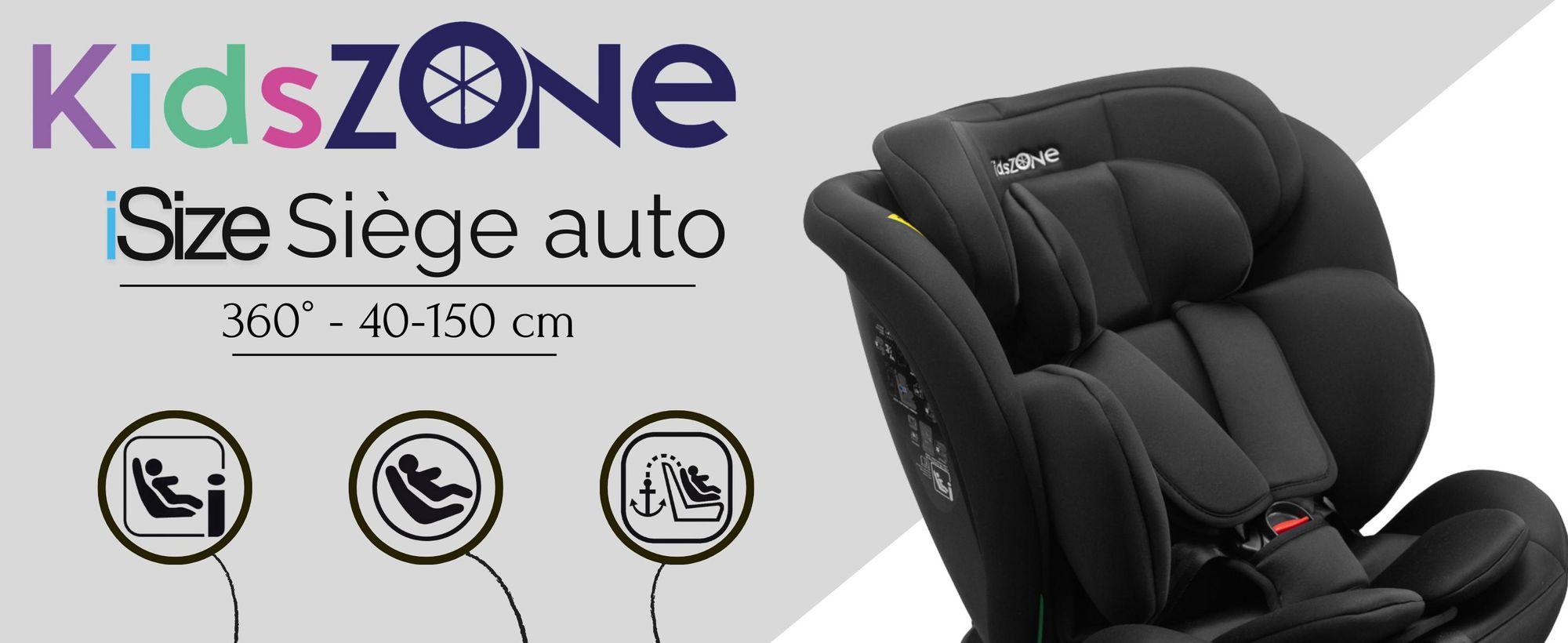 Siège auto KidsZone i-Size noir, pivotant à 360°, pour enfants de 40 à 150 cm