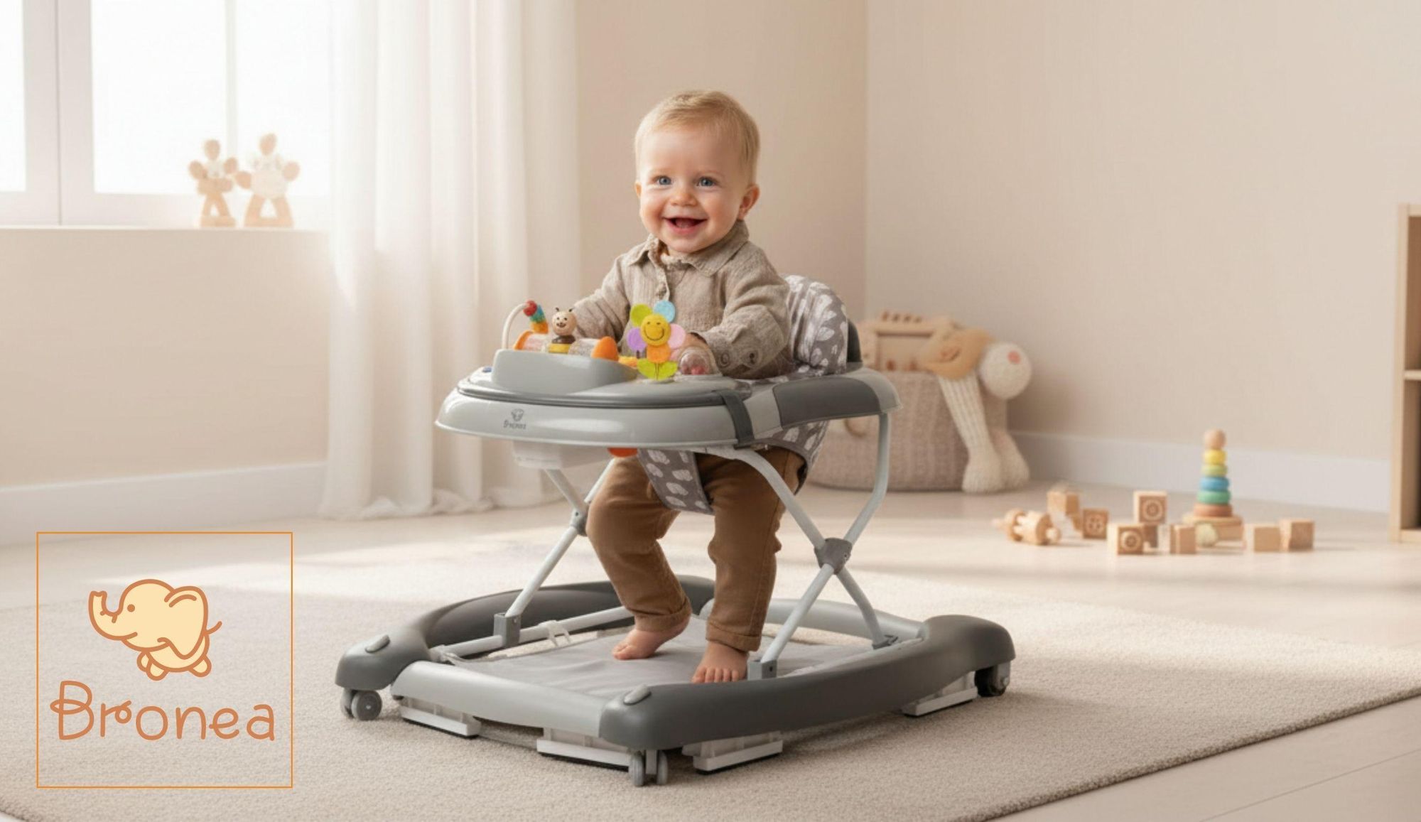 BRONEA® 4-in-1 Gehfrei Baby Lauflernwagen Schaukel Lauflernhilfe Babywalker mit Schaukelfunktion, Licht & Musik | Höhenverstellbar & Klappbar - Grau