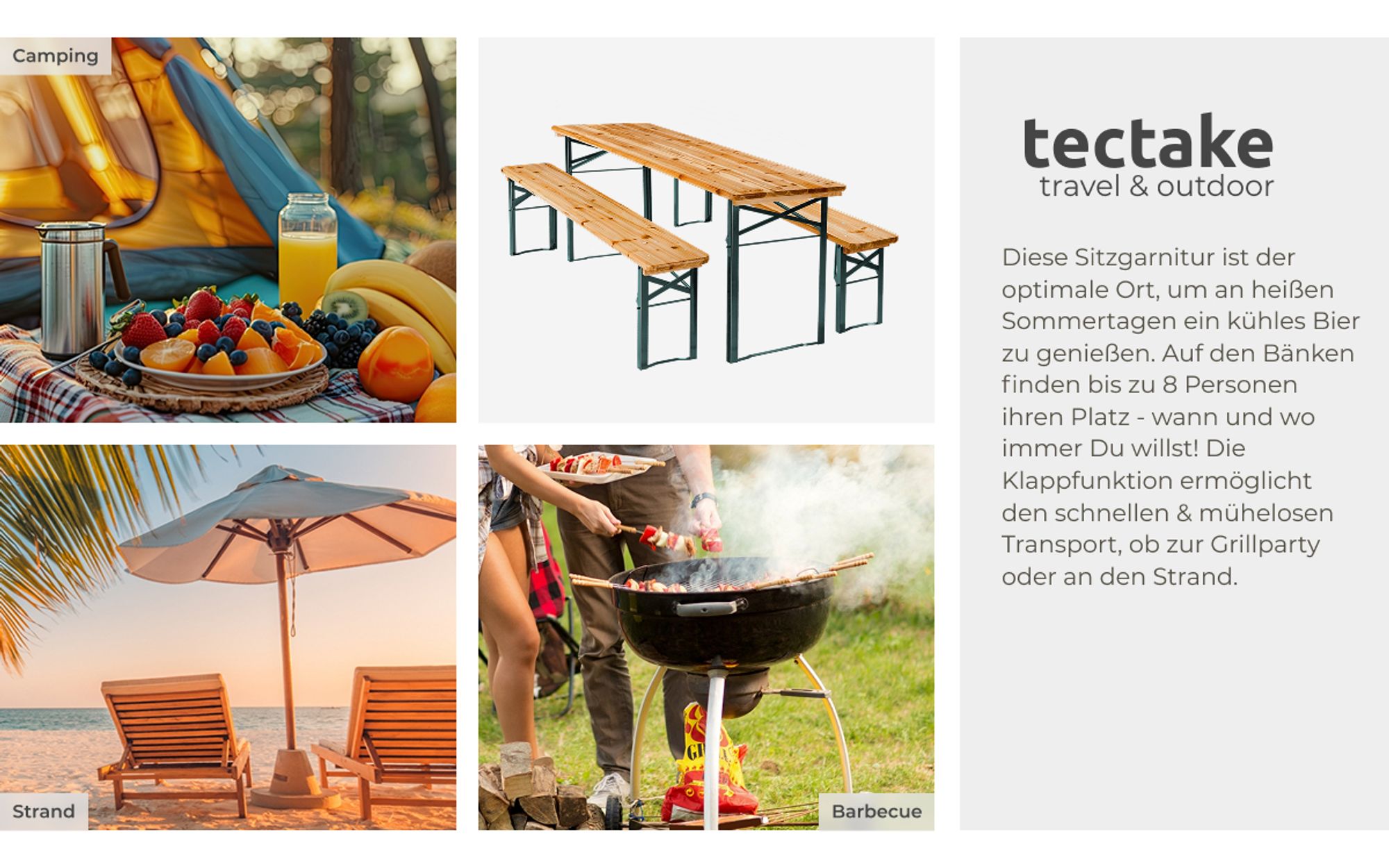 tectake Bierzeltgarnitur 3-teilig Klappbar Tannenholz für 8 Personen