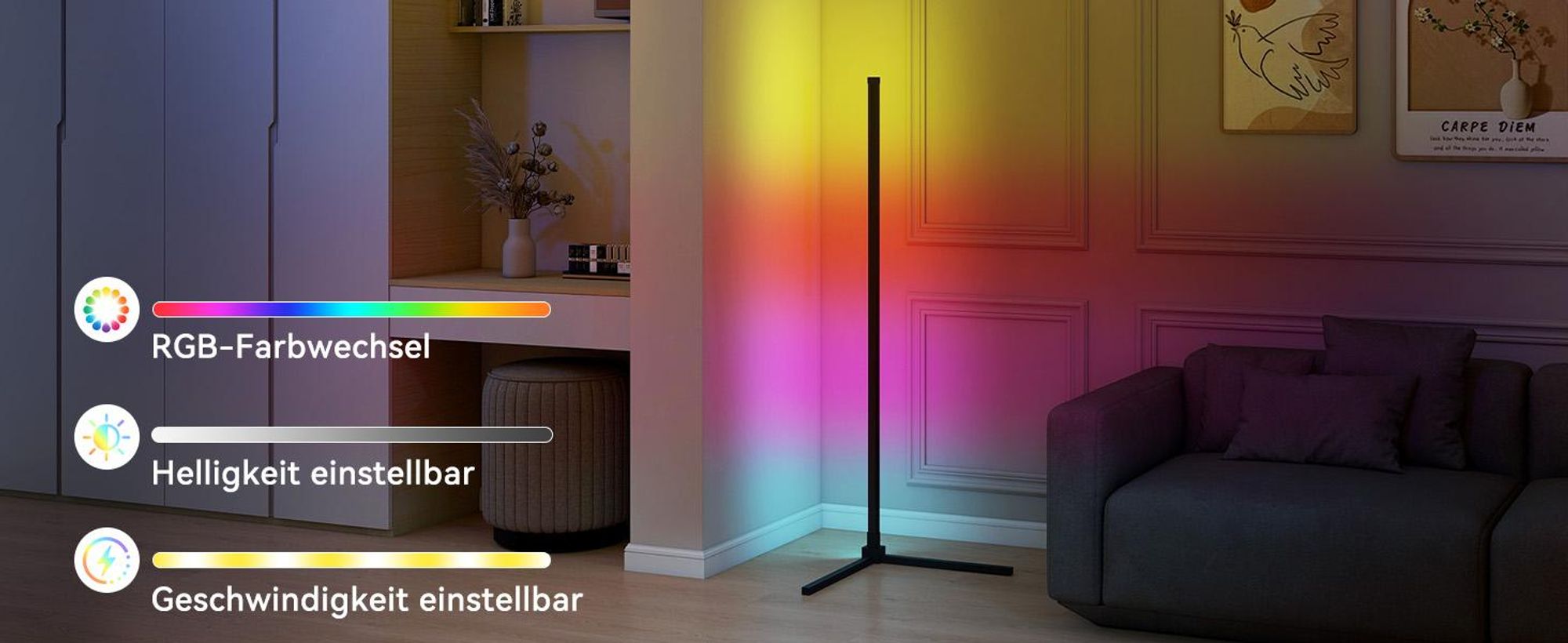 Puluomis LED Stehlampe Stehleuchte RGB Dimmbar mit Musik-Synchronisation, Timer, Atmosphäre Lampe Eck Standleuchte Standlampe APP/Fernbedienung/Kabel