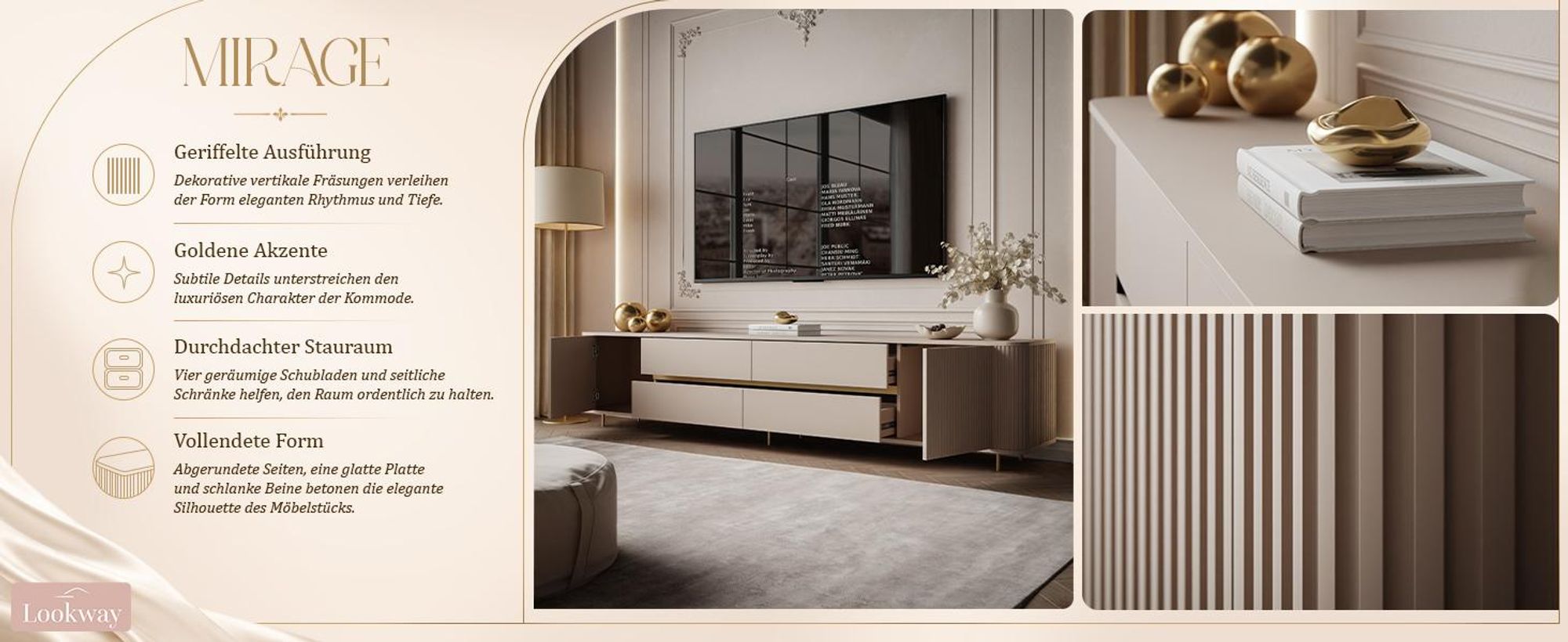 TV-Schrank MIRAGE GOLD 240 cm mit geriffelten Fronten