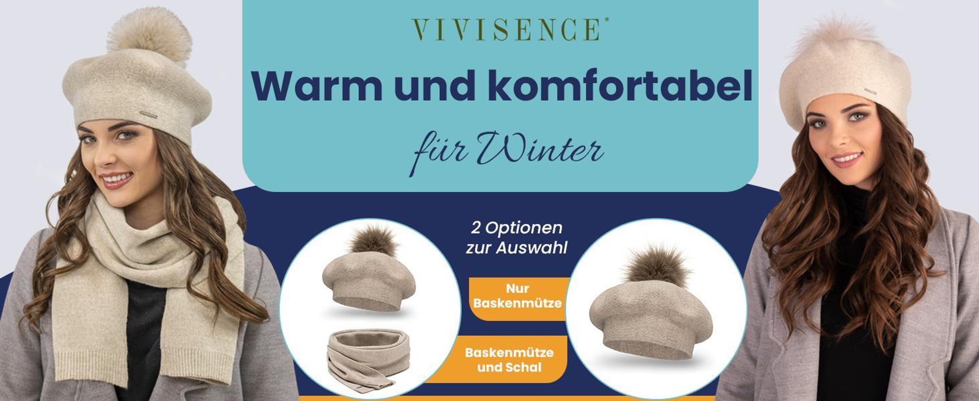 Vivisence Baskenmütze Damen mit bommel Universalgröße - Mütze Damen Elegant Frauen Strickmütze herbst warm Kopfbedeckung klassisch Wintermütze - Beige