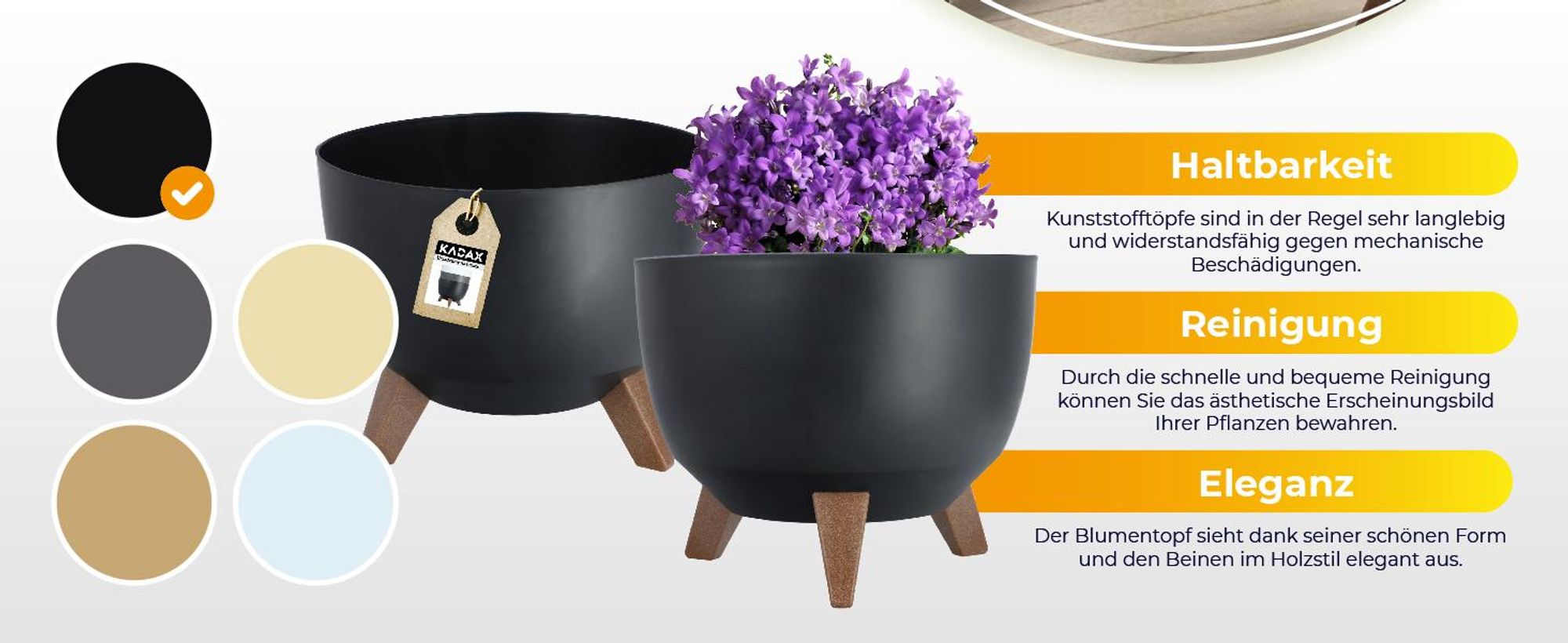 KADAX Blumentopf Blumentopf 24 cm Abdeckung + Einsteckbeine Blumenständer Schwarz