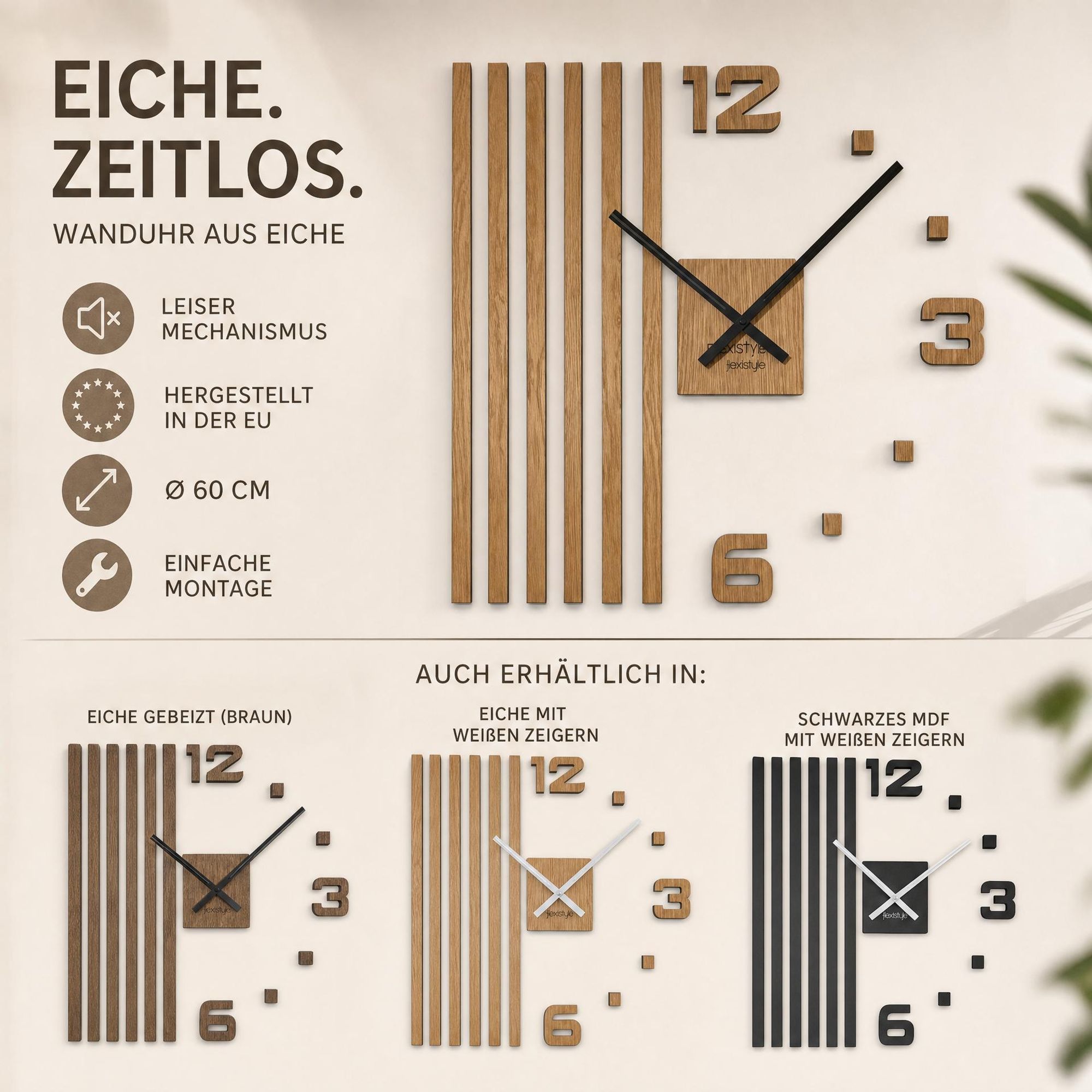 Wanduhren DIY Holz Eiche Lamellen große Wanduhr 60 cm 3D Wanduhr Modern Design EKO Wanduhren Wandtattoo Dekoration Uhren für Büro Wohnzimmer Schlafzimmer (Braun, Schwarze Zeiger)