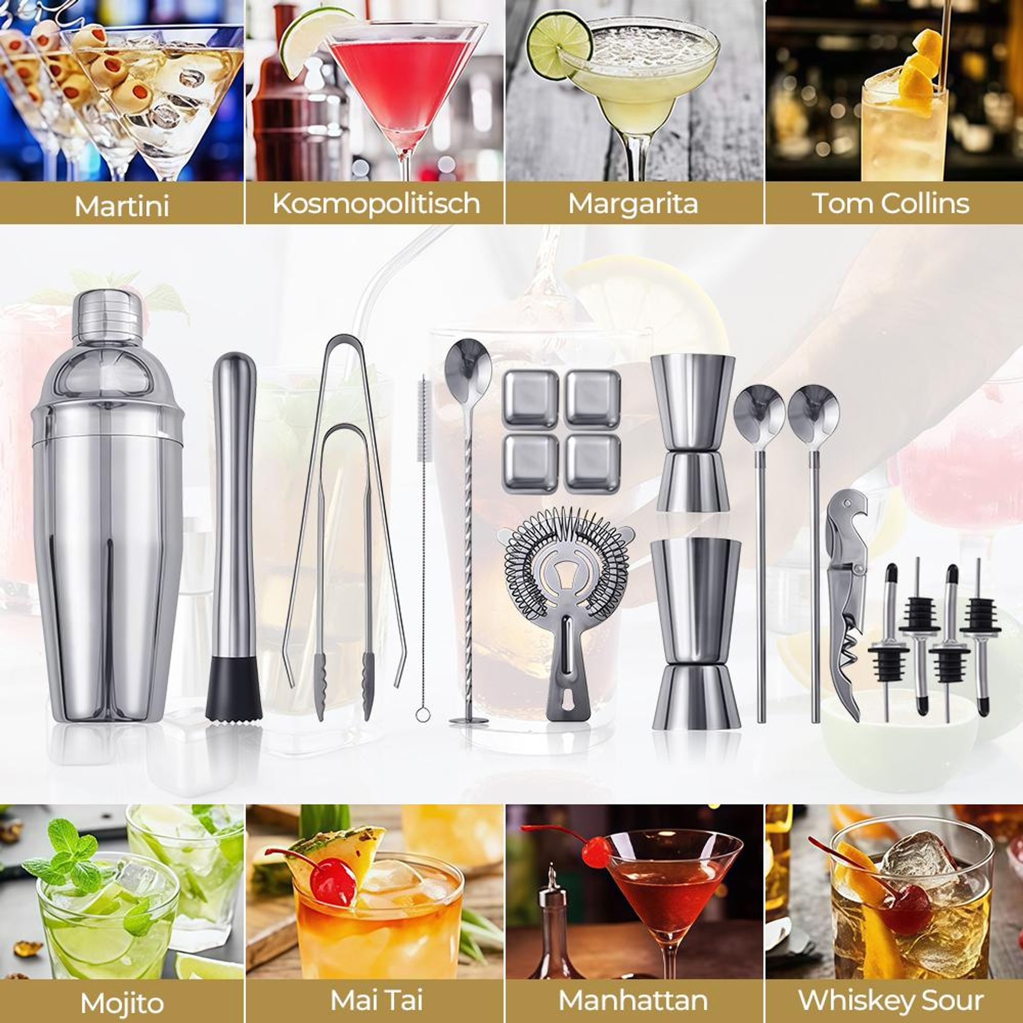23-teiliges Set Cocktail Shaker Set 750ml Shaker Barkeeper Kit Mixer Edelstahl