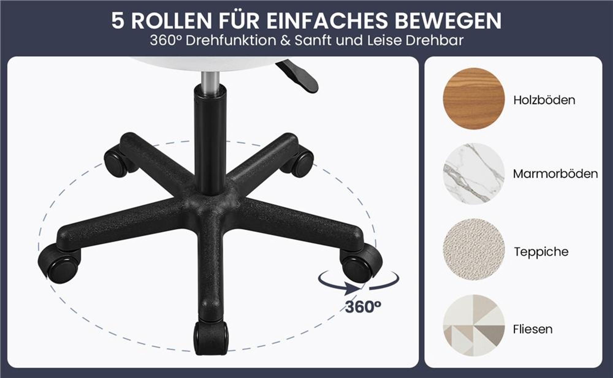 Yaheetech Rollhocker Drehhocker, höhenverstellbarer Arbeitshocker, Drehstuhl mit Rollen, Praxishocker Kosmetikhocker, bis 150 kg, Weiß