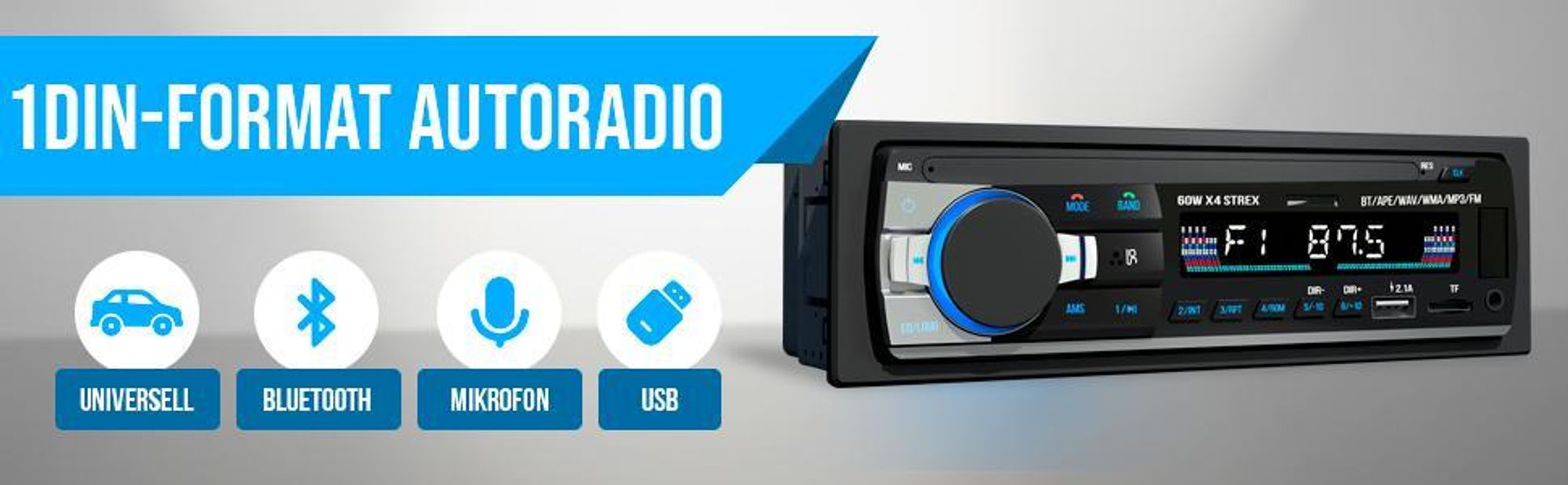 Strex Autoradio mit Bluetooth für alle Fahrzeuge - USB, AUX und Freisprecheinrichtung - Fernbedienung - Ein-DIN-Autoradio mit integriertem Mikrofon