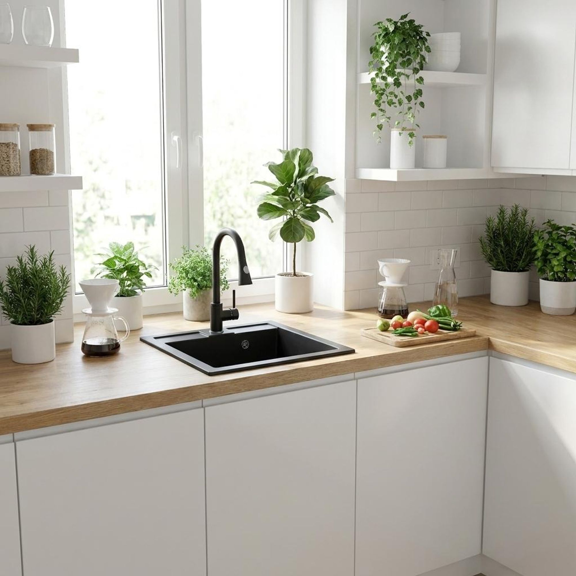Granitan | GranitSpüle - Spülbecken 1-Kammer - 50x40 cm - Rechteckig - Schwarz - Küchenarmatur mit ausziehbarem Auslauf - BEST