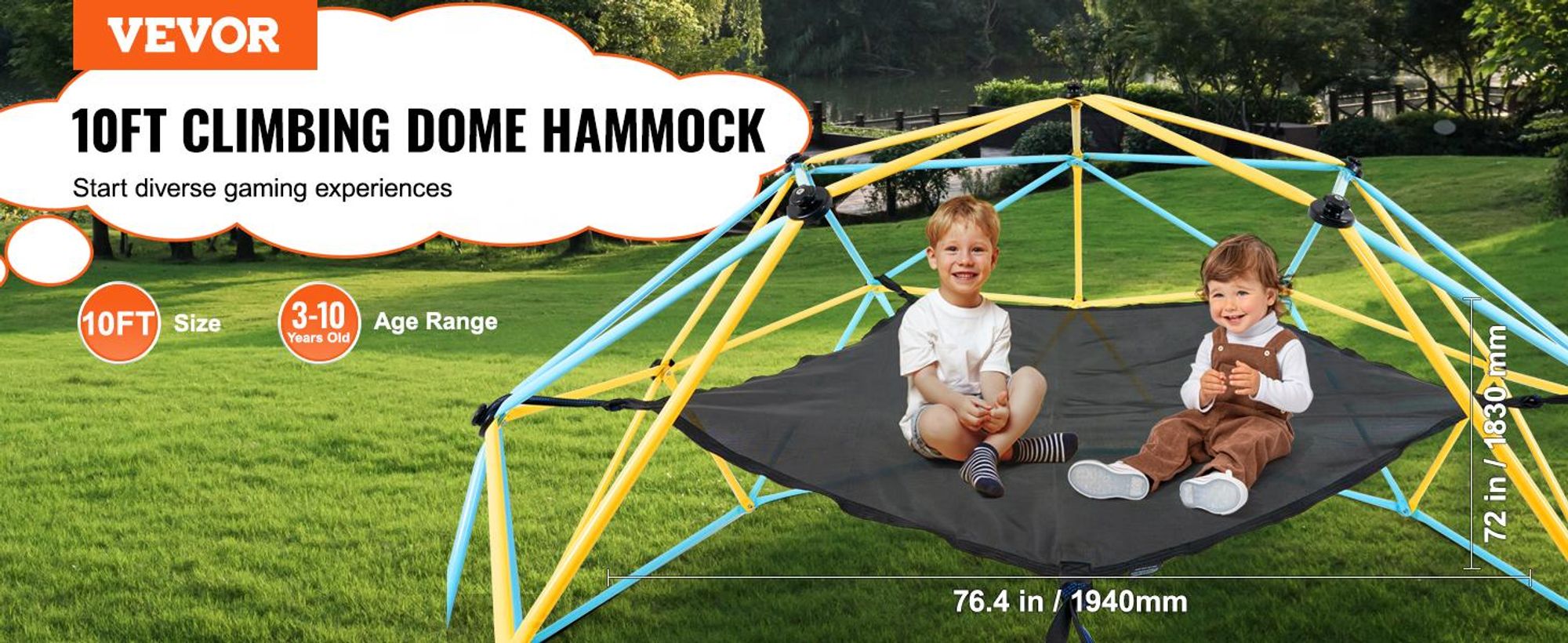 VEVOR Kletterdome, 3m geometrischer Kletterdome Spielzentrum für Kinder von 3 bis 10 Jahren, Spielplatz unterstützt 340 kg und einfache Montage, mit Klettergriffen, Outdoor-Spielgeräte für den Garten für Kinder, 10 FT-b, Hängematte