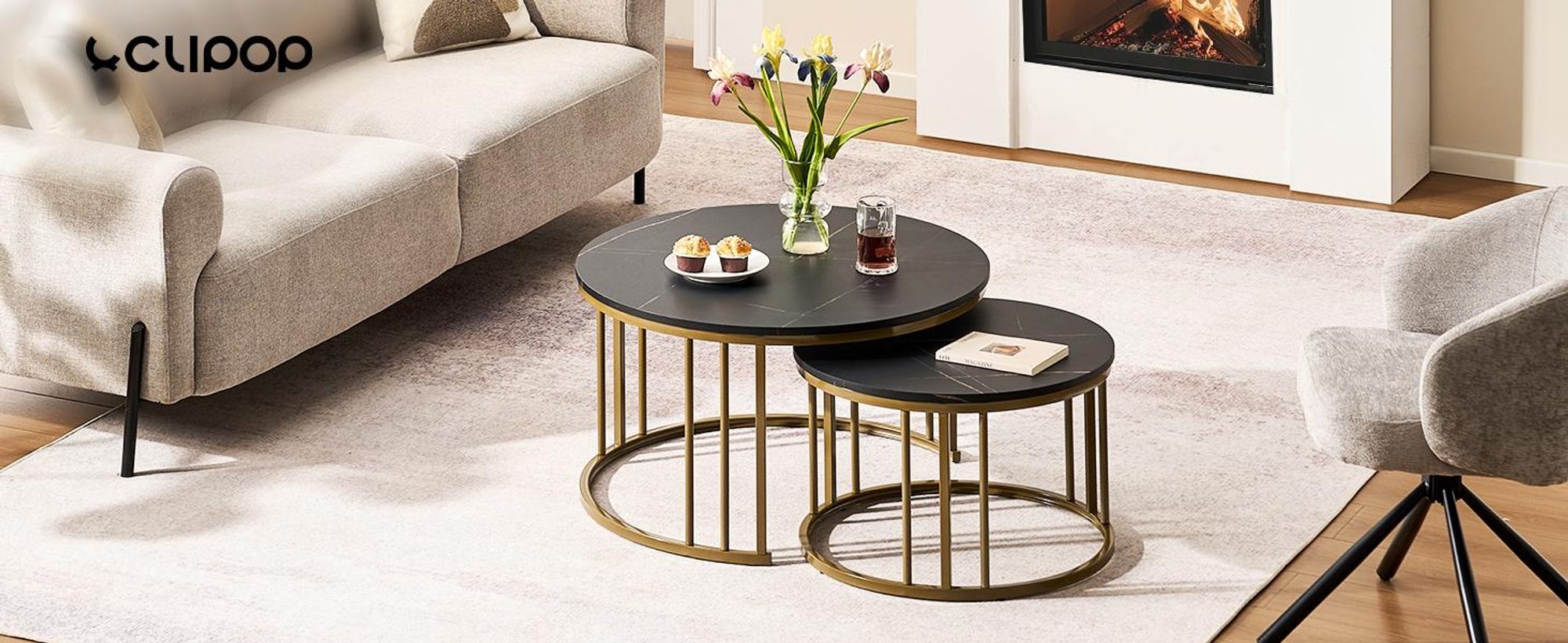 CLIPOP Couchtisch 2er Set Rund mit Marmoroptik, Metallgestell Gold Beistelltisch für Wohnzimmer Ø70+50cm, Schwarz