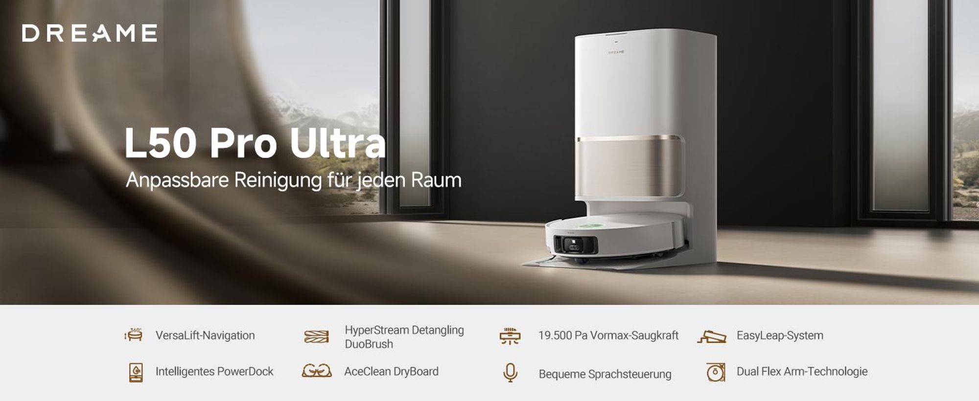 Dreame L50 Pro Ultra Staubsauger Roboter mit Wischfunktion,19500Pa Saugkraft,360°LiDAR Navigation,KI-Hindernisvermeidung,Selbstreinigend,Anti-Tangle