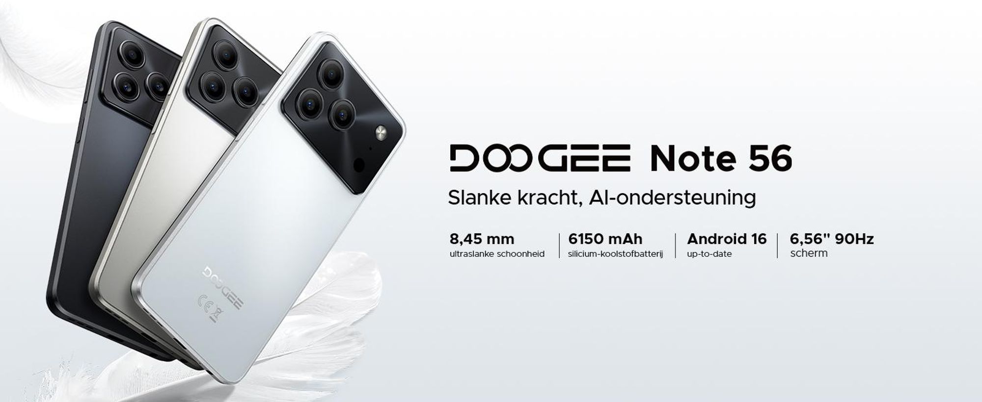 DOOGEE Note 56 Smartphone, Android 16, 6,56" 90Hz HD+, 6150mAh batterij, 24GB RAM + 64GB opslag, 4G Dual-SIM, 8MP camera, gezichtsherkenning, OTG, zonder abonnement