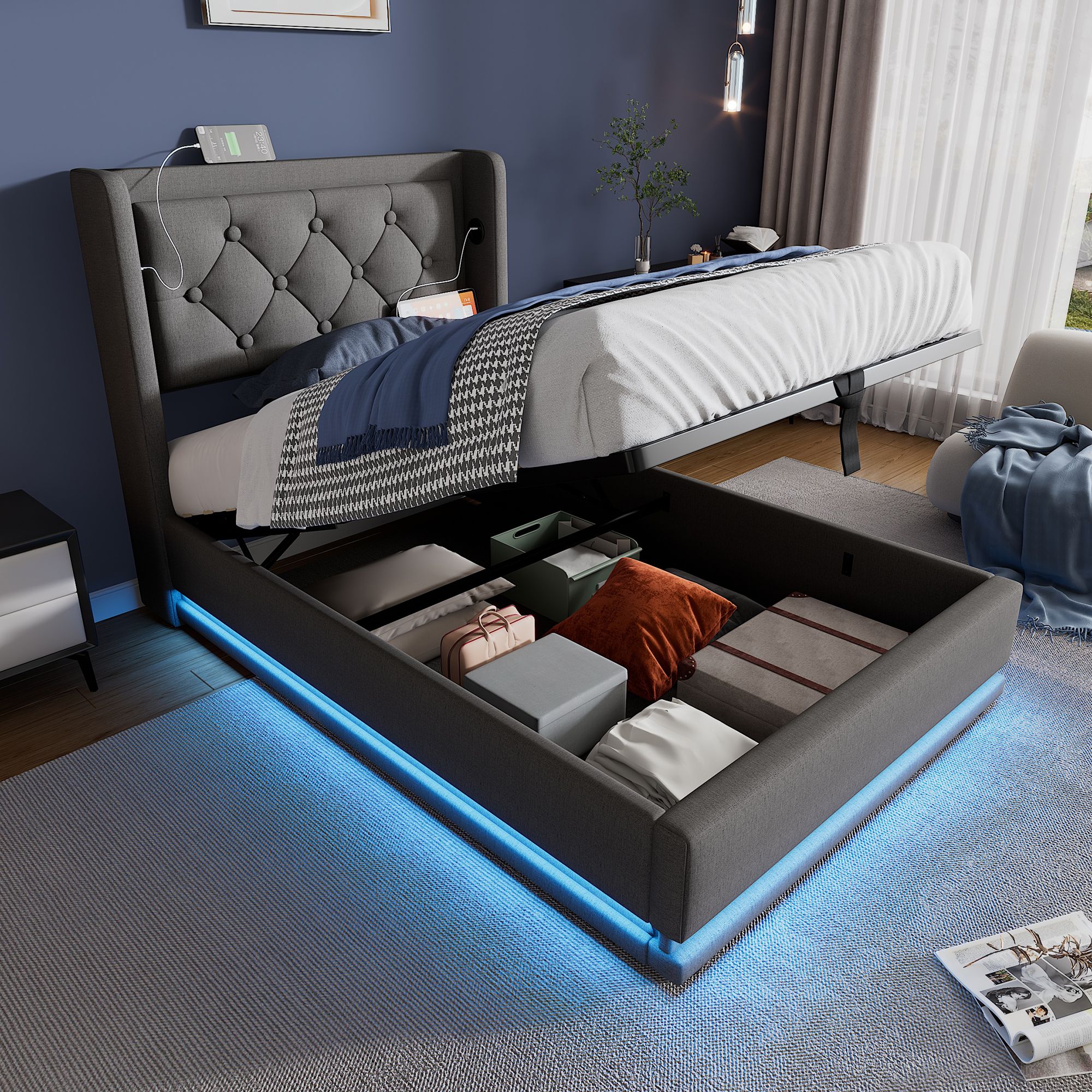 Flieks Polsterbett 90x200cm mit USB & Typ-C, Einzelbett Jugendbett mit LED, Hydraulisches Stauraumbett Boxspringbett mit Lattenrost, Baumwolle, Grau