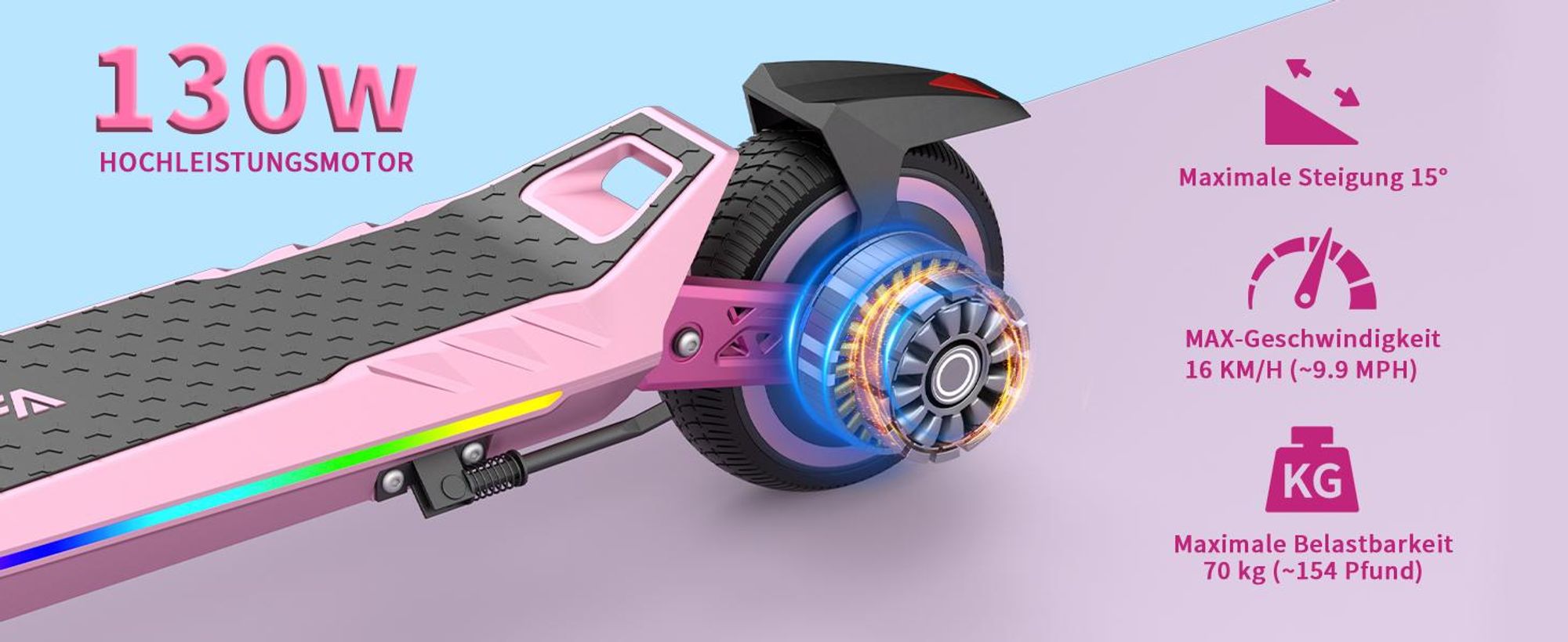 Elektroroller Für Kinder, Faltbarer E-scooter 16km/h, City Kinderroller Für Kinder 6-12 Jahren,10 km Reichweite, 130W, U8 Elektroscooter Rosa