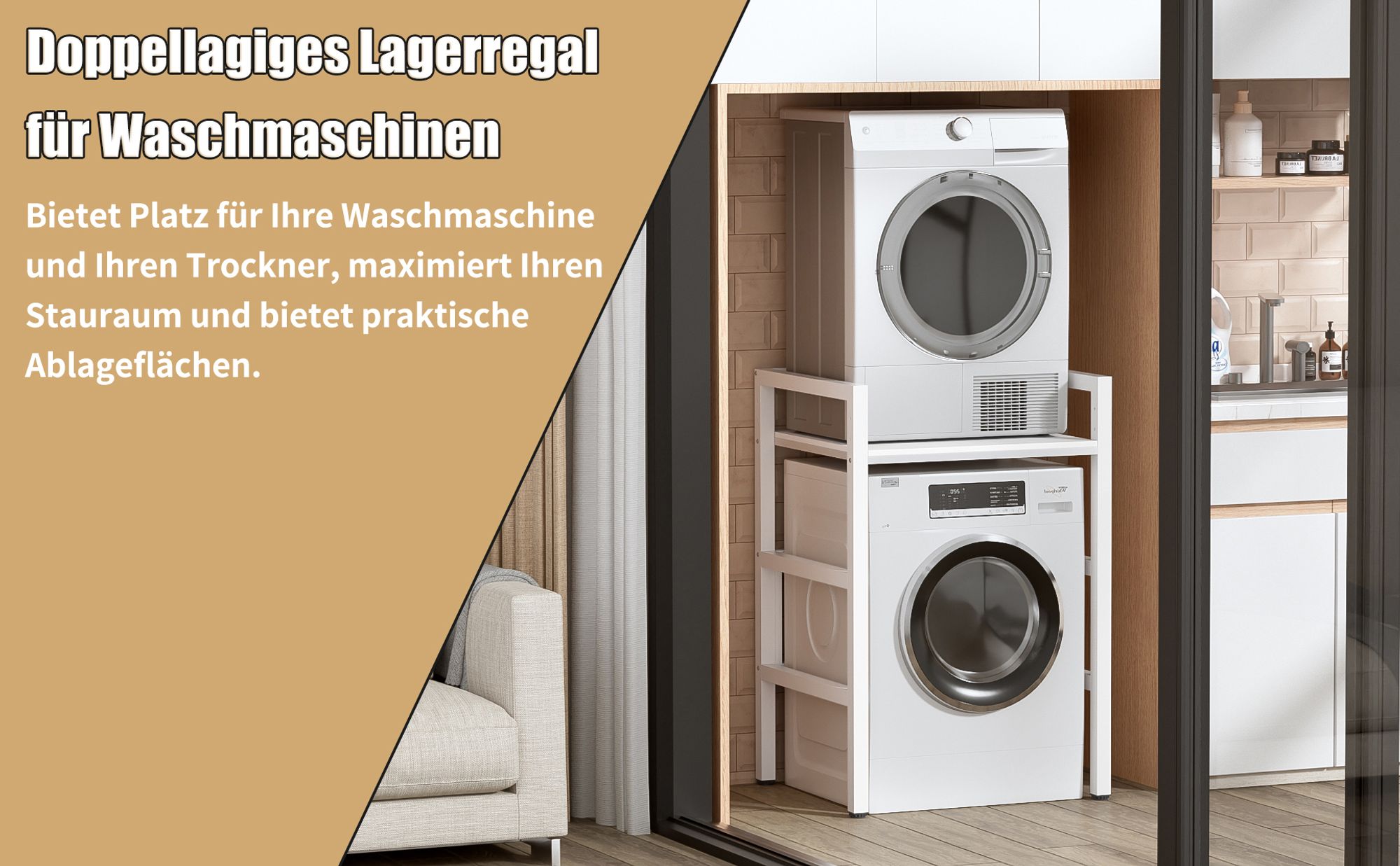 TWSOUL Waschmaschinenumbauschrank Waschmaschinenständer，Metallrahmen，Doppelschicht , 73cm*64cm*110cm，Tragfähigkeit 350 kg