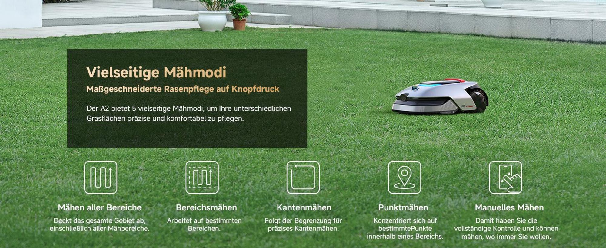 DREAME A2-1200 Akku-Mähroboter mit RKT,1200m²,360° 3D-LiDAR&KI-Vision,26,5° Steigung,U-förmige Mähbahn,5cm EdgeMaster Präzisionsschnitt,Dual-Map,App