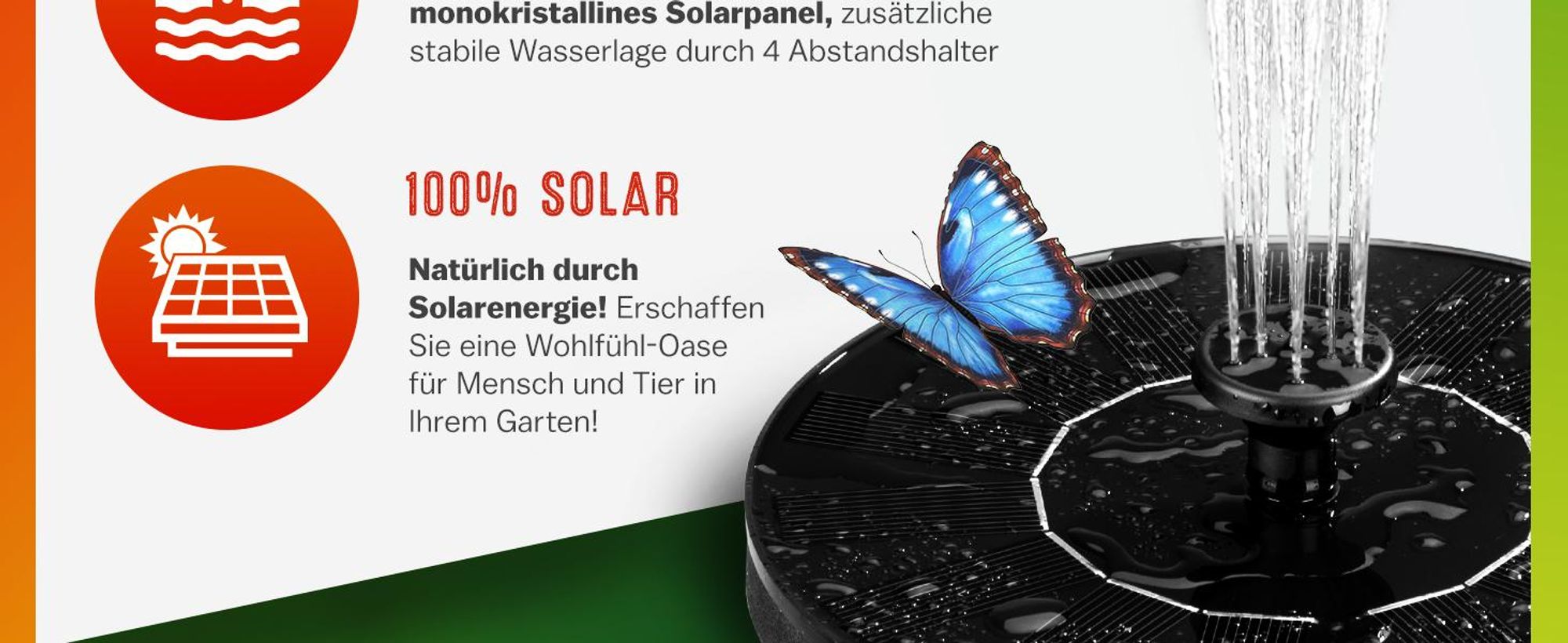 GARDEBRUK® Solar Springbrunnen 7 Effekte 180L/h Solarpanel 160mm 1,4 Watt Garten Wasserspiel Gartenbrunnen Wasserpumpe Teichpumpe Solarbrunnen Fontäne