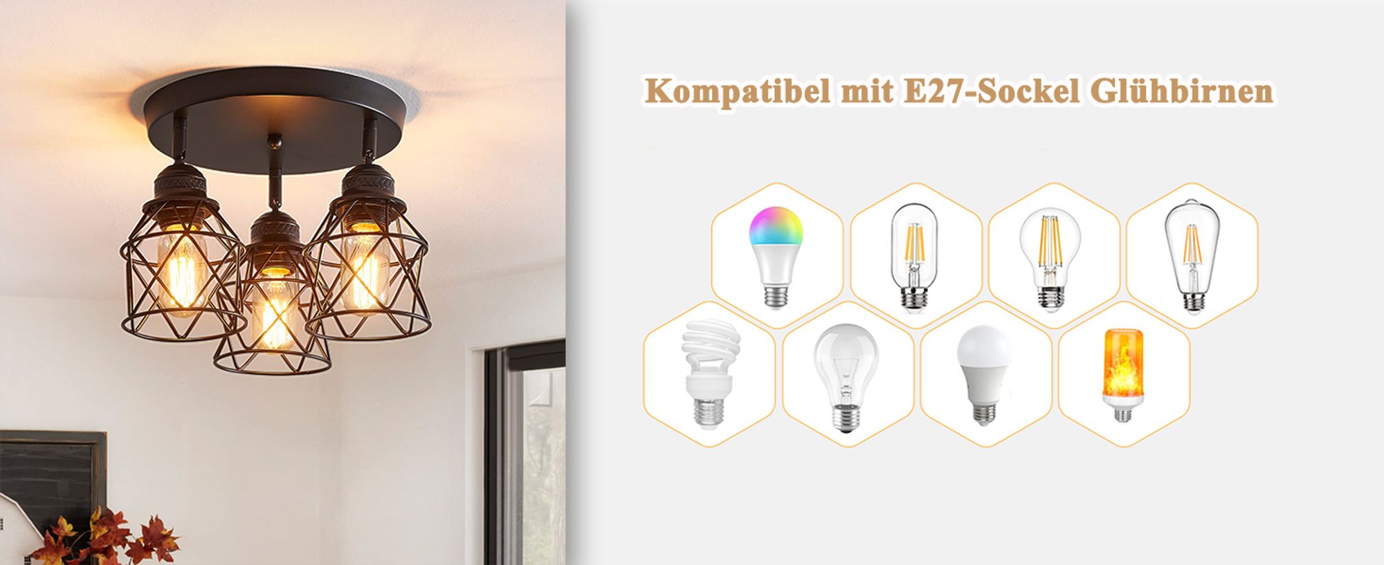 Deckenleuchte Vintage Schwenkbar Deckenstrahler E27 3-Flammige Deckenlampe Deckenspot für Wohnzimmer, Schlafzimmer, Küche, Flur