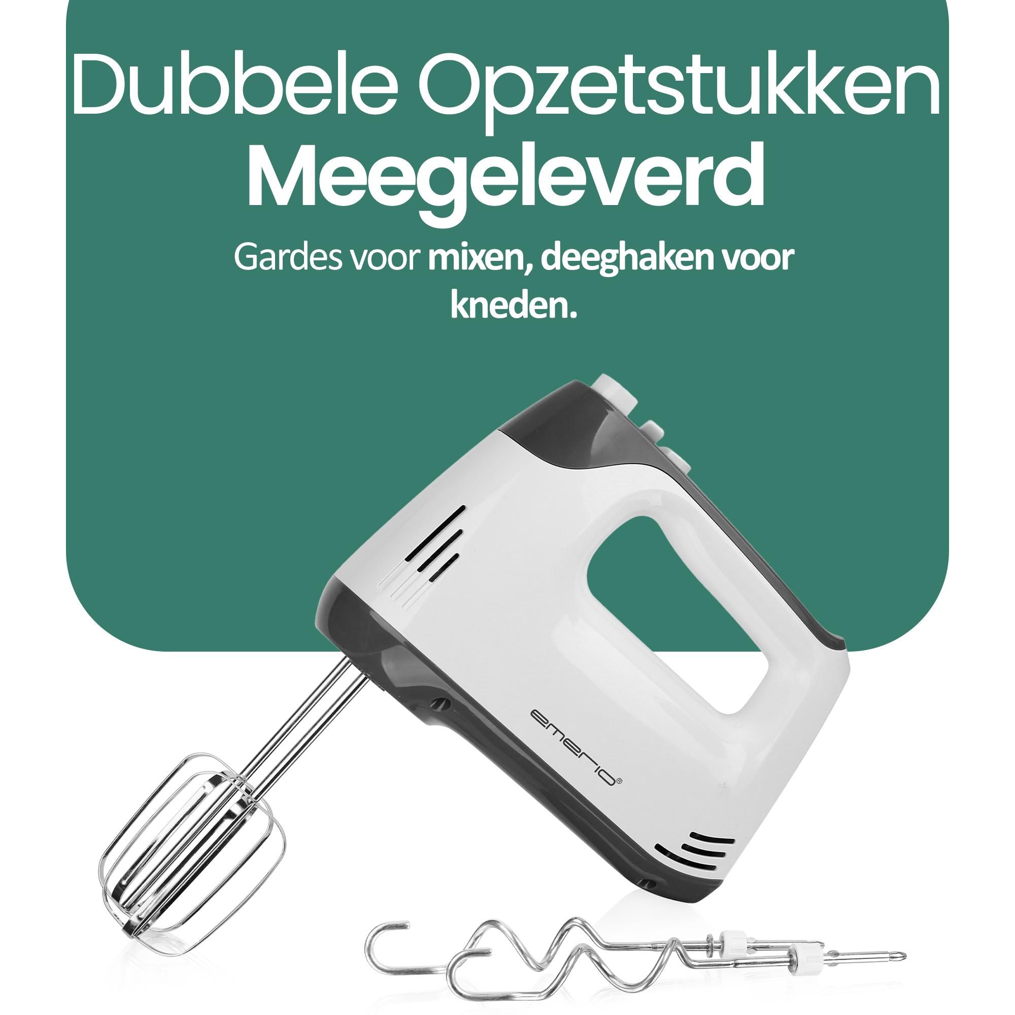 Emerio Handmixer HM-130365 – 400 W – 5 Snelheden – Turbofunctie – RVS Gardes & Kneedhaken – Wit / Grijs