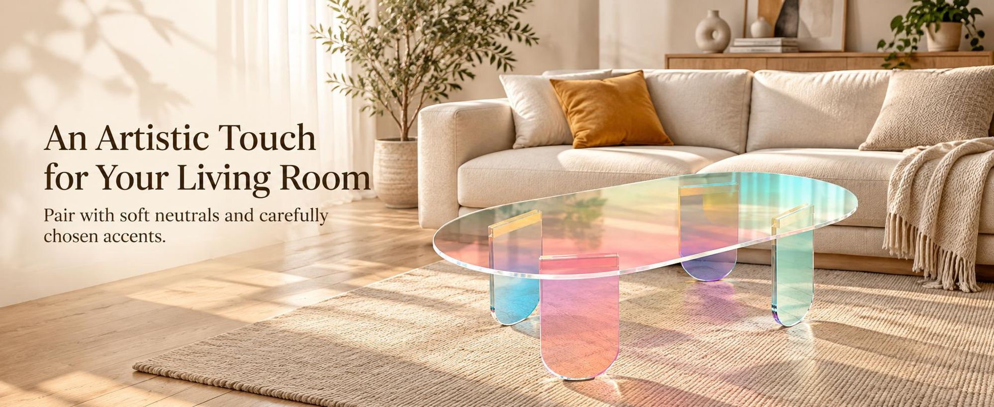 WISFOR Acryl Couchtisch oval, schillernder Wohnzimmertisch mit PVC-Schutzmatte, 95 x 50 x 36 cm