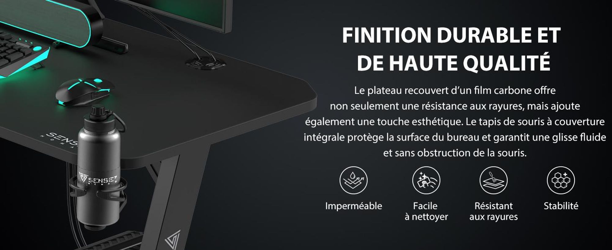 Table de jeu SENSE7 Nomad Classic - Bureau 120 x 60 cm avec tapis de souris XXL - Table d'ordinateur, bureau PC, bureau pour gamers, table pour gamers, gestion des câbles, noir