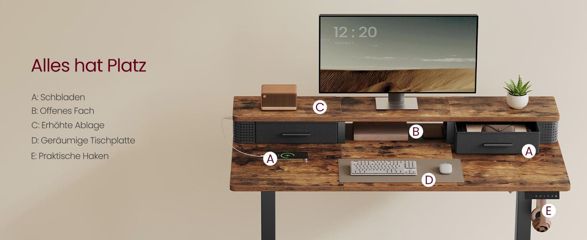 VASAGLE Höhenverstellbarer Schreibtisch elektrisch, 120 cm, stufenlos verstellbar, mit Steckdosenleiste, Haken, Memory-Funktion