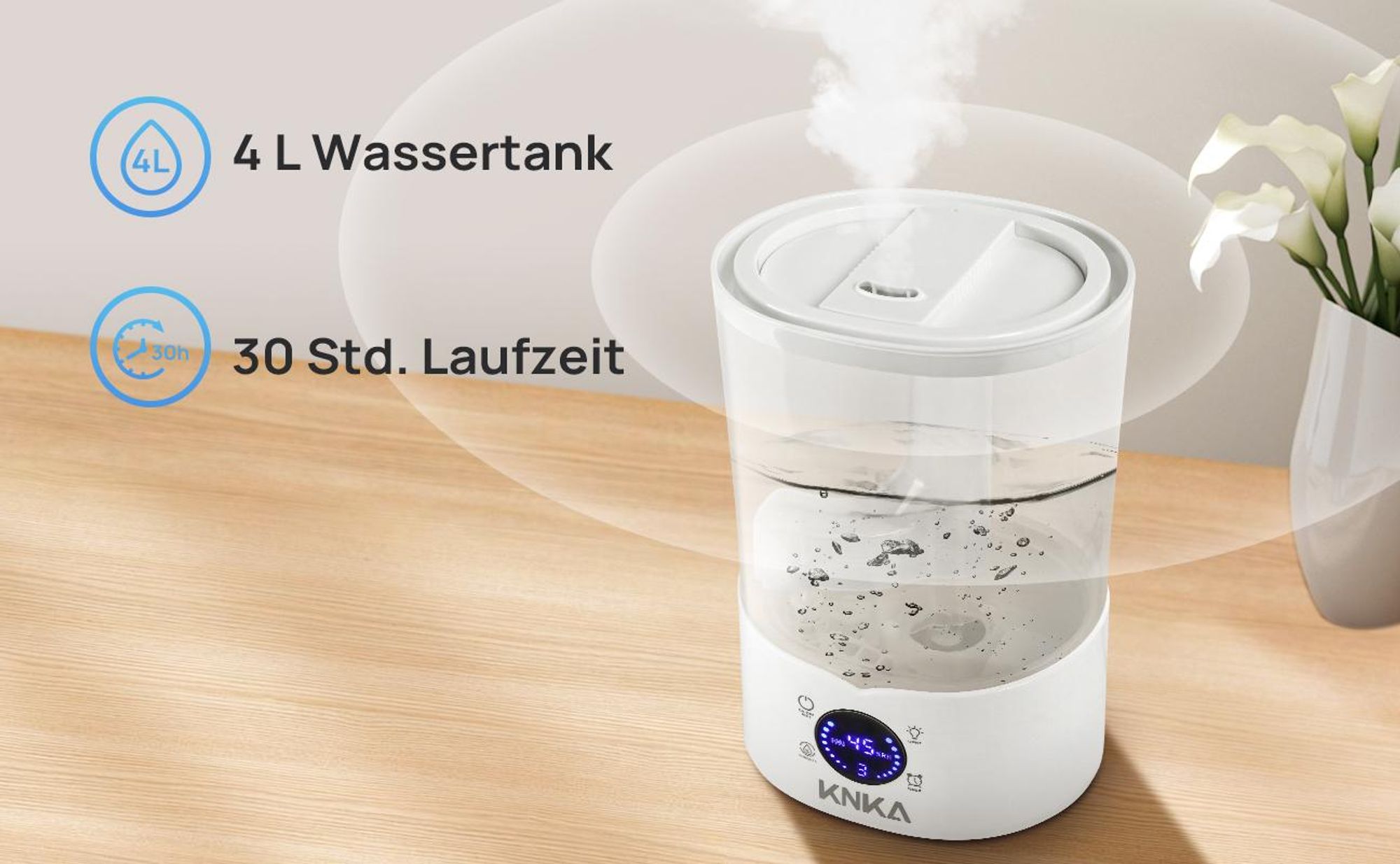 KNKA Luftbefeuchter Schlafzimmer, 4L Top-Fill Humidifier bis zu 30H, BPA-Frei, 30dB Leise Klein Raumluftbefeuchter für Kinderzimmer, Pflanzen, Weiß