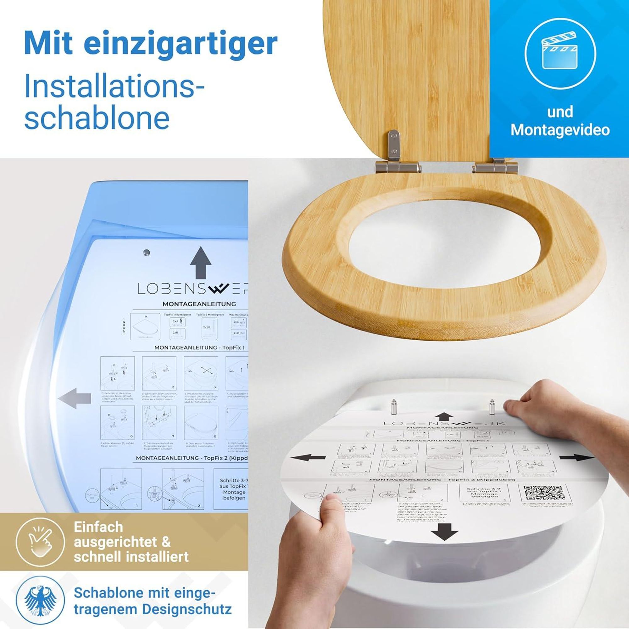 LOBENSWERK Toilettendeckel Bambus [Einfache Montage] mit Soft-Touch Beschichtung | antibakteriell - UV-beständig | Quick-Release-Funktion | Klodeckel