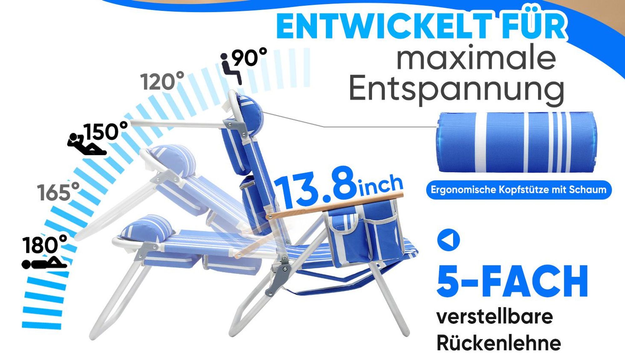 Sekey Strandstuhl Sonnenliege verstellbar Campingstuhl tragbarer Klappstuhl Strandstuhl mit 2 Kühltaschen, Blau
