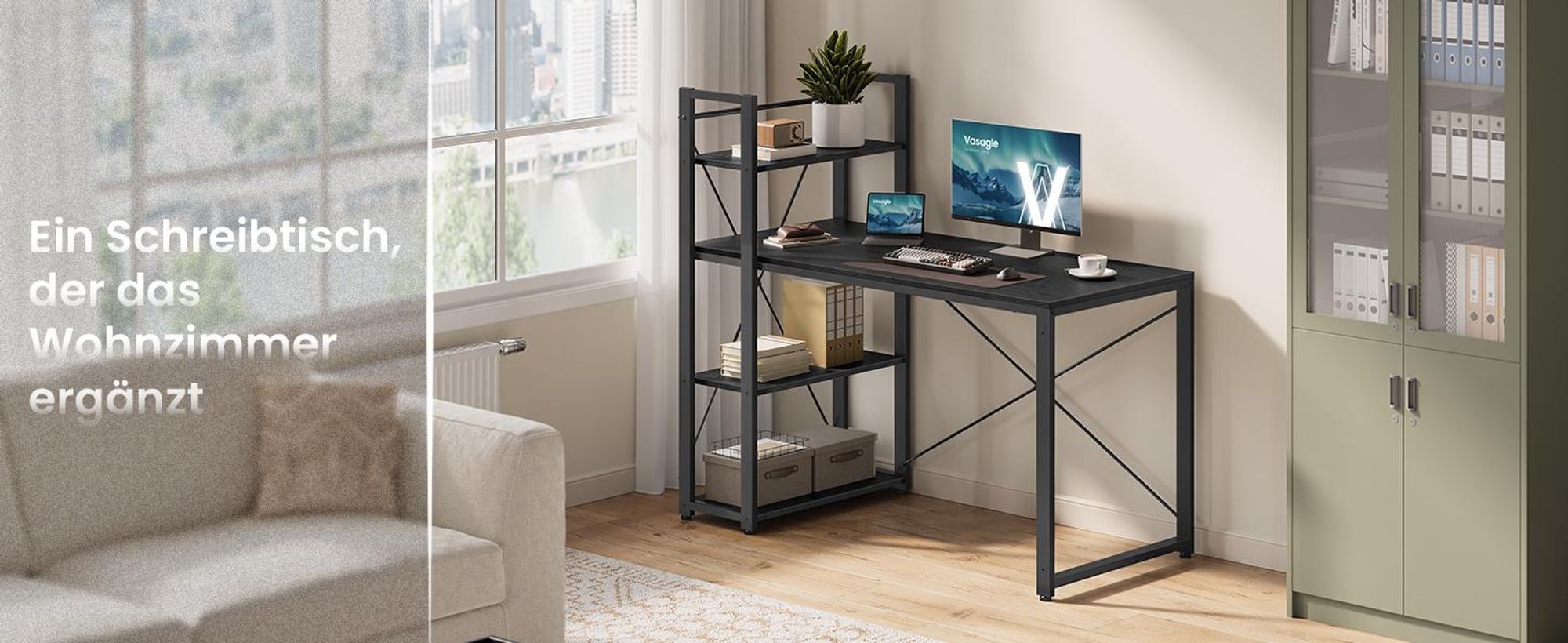 VASAGLE Schreibtisch Computertisch mit Regalböden 120cm Schwarz