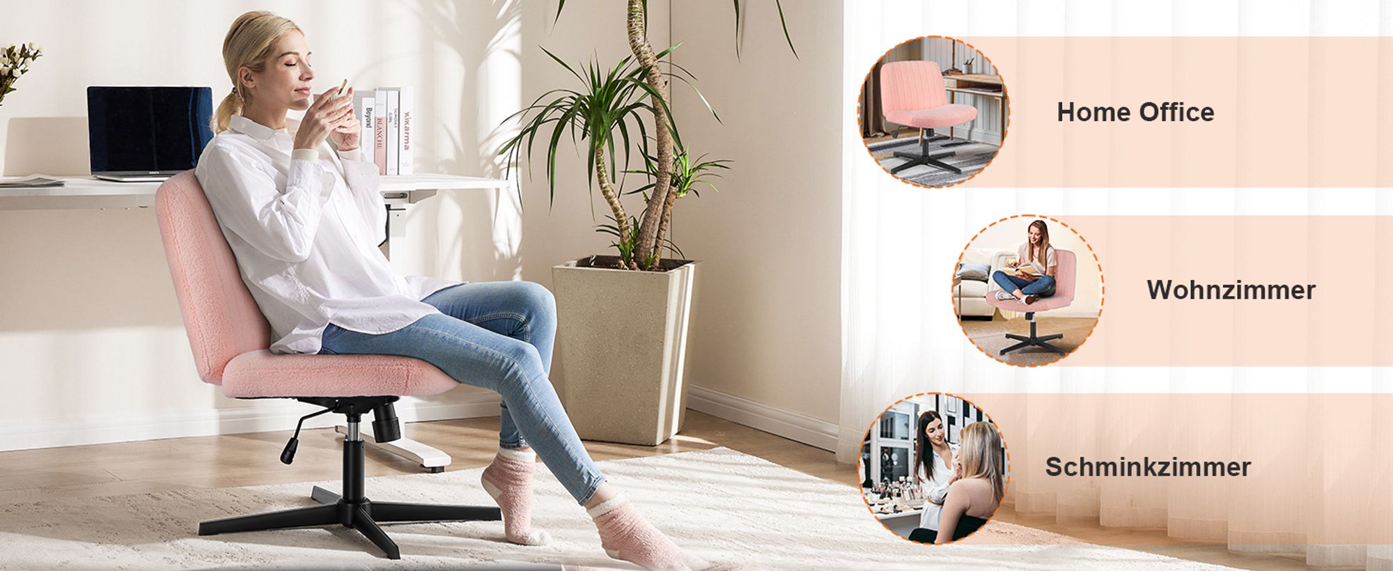 Sweetcrispy Bürostuhl Ohne Armlehne, Teddysamt und Bequemes Netzgewebe Schneidersitz Stuhl, mit Verbreitertem Sitzkissen Criss Cross Chair(Rose)