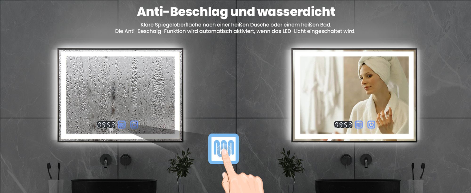 Puluomis Badspiegel 80x60 beschlagfrei mit 3 Farbe Beleuchtung, dimmbare Helligkeit, Badezimmerspiegel mit Digitaluhr, Temperatur schwarz