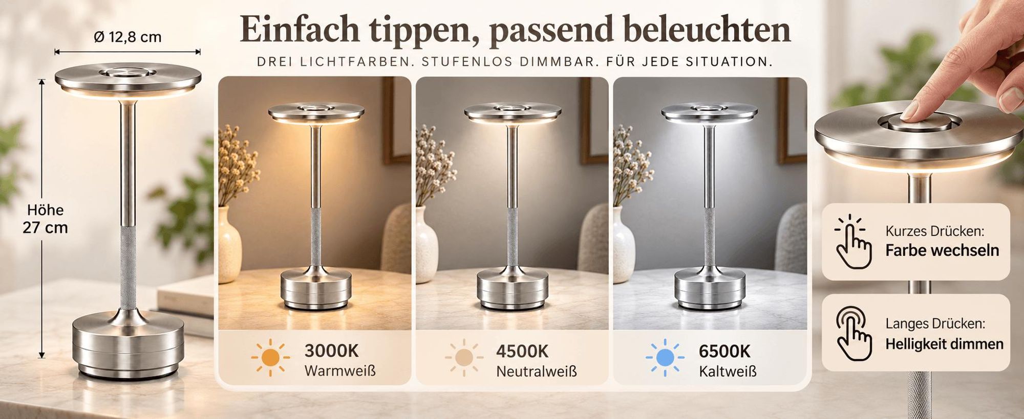 2er Set Kabellose Dimmbare LED Akku Tischleuchten, Touch Tischlampen, 3 Lichtfarben, Nachttischlampen für Wohnzimmer Schlafzimmer, Silber