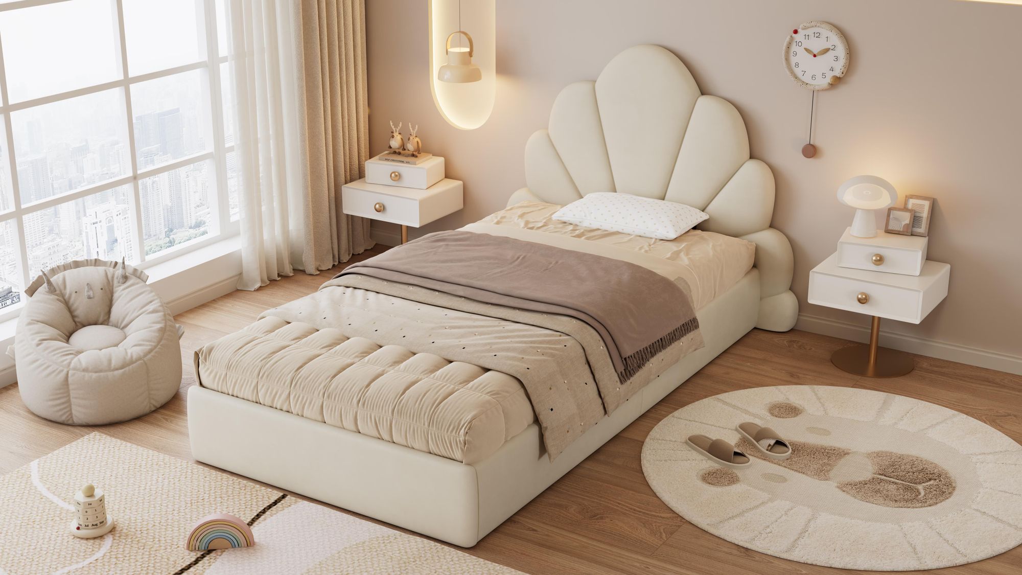 Polster-Einzelbett 90x200 cm in Beige aus Samt