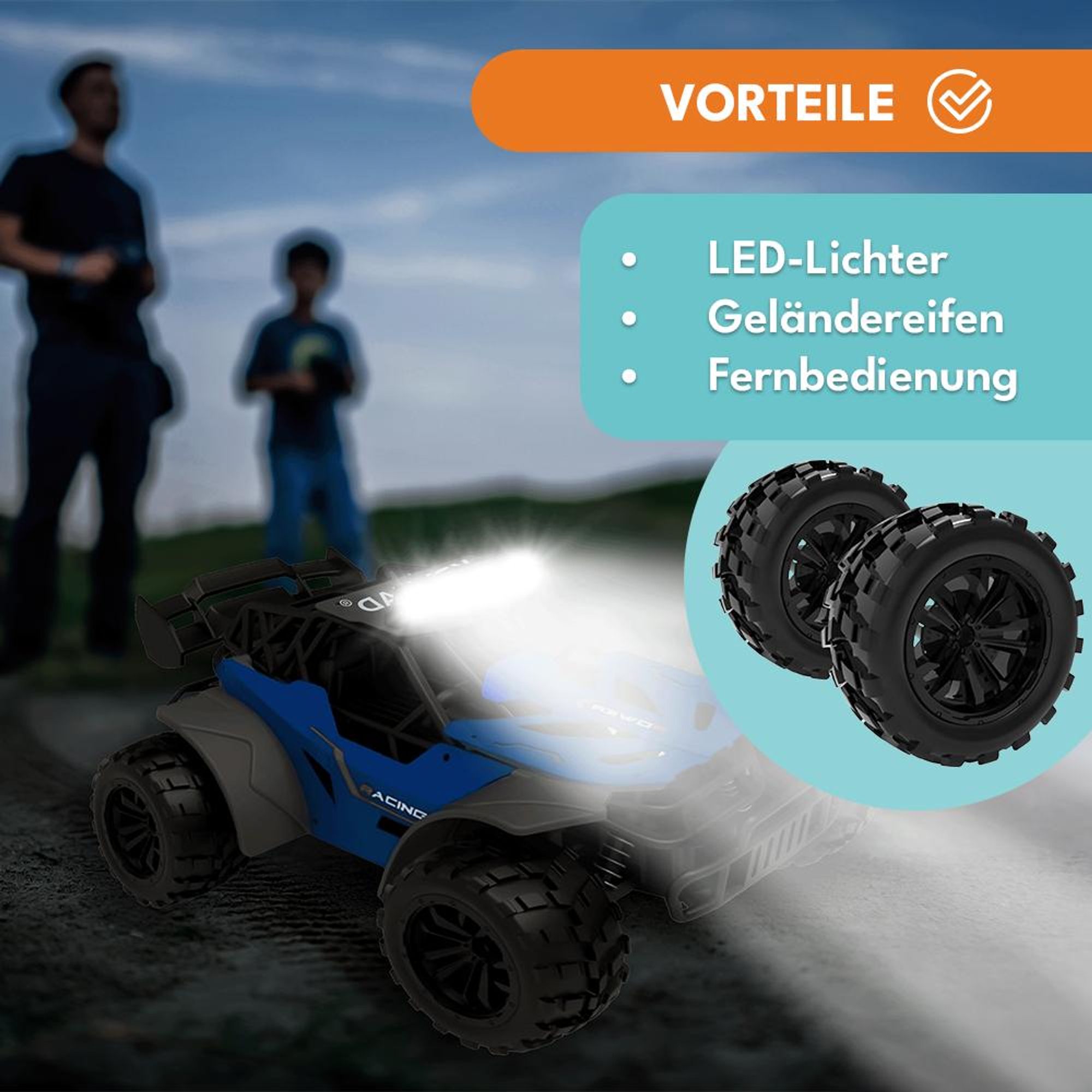 KRUMAD Ferngesteuertes Auto ab 3 Jahre – RC Auto für Kinder – 3,7V mit 2 Akkus & LED-Licht – Robustes Offroad Spielzeugauto mit Fernsteuerung, USB-Lad