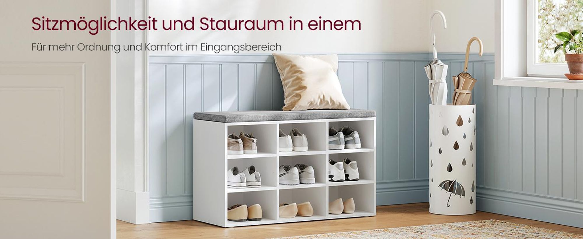 VASAGLE Schuhbank, Sitzbank, 9 Fächer, Länge 78,5 cm, Weiß